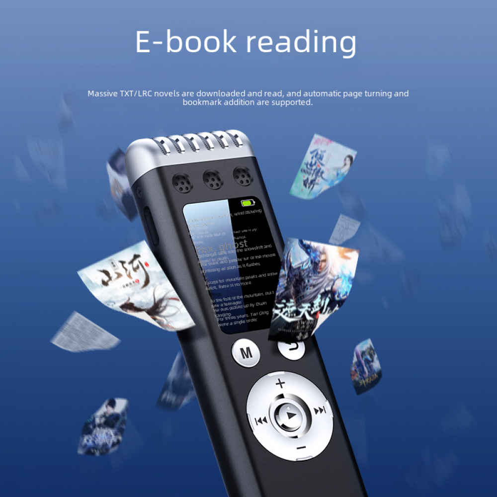 Ein E-Book-Reader mit einem Bildschirm, der Text anzeigt, umgeben von fallenden Buchumschlägen auf blauem Hintergrund.