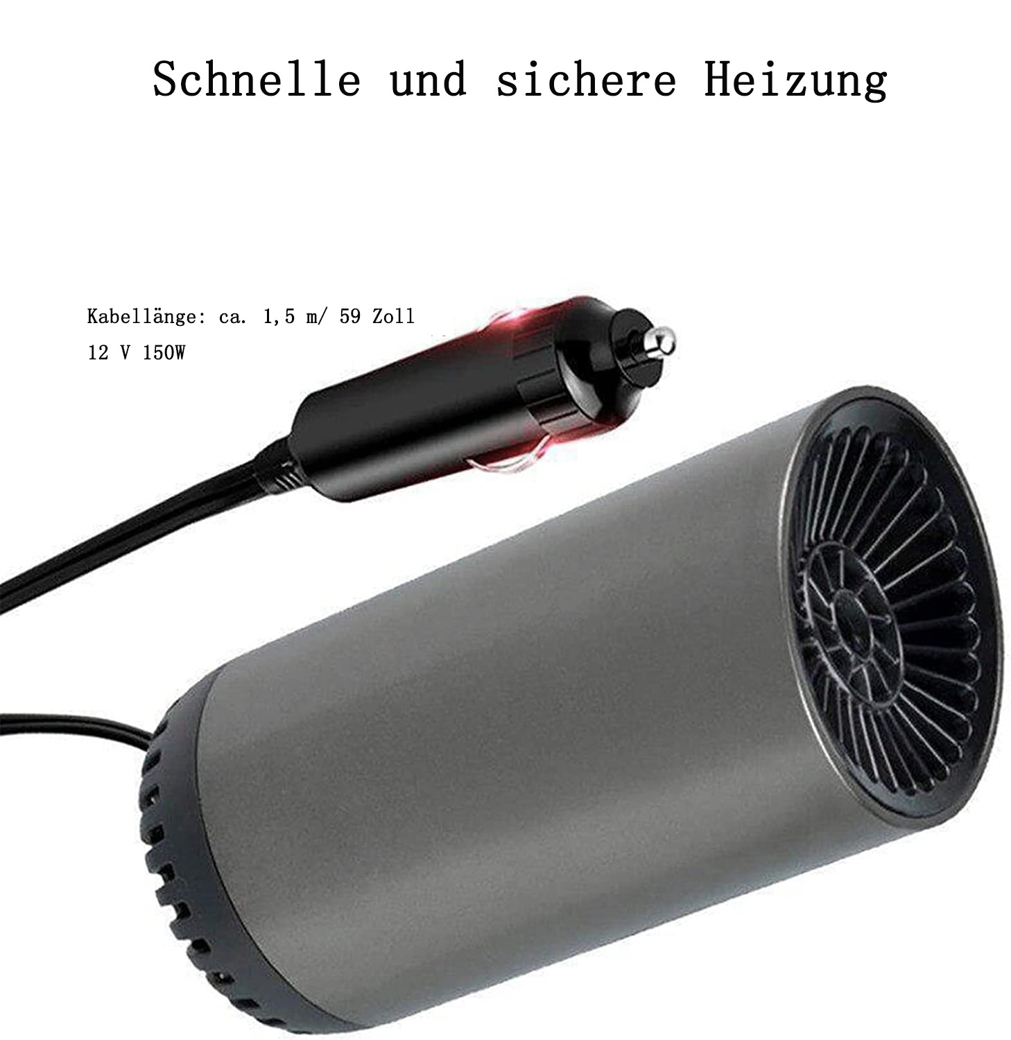Ein Autoheizgerät mit Netzstecker, Kabel und Text auf Deutsch über schnelles und sicheres Heizen. Es ist grau und hat einen schwarzen Stecker.
