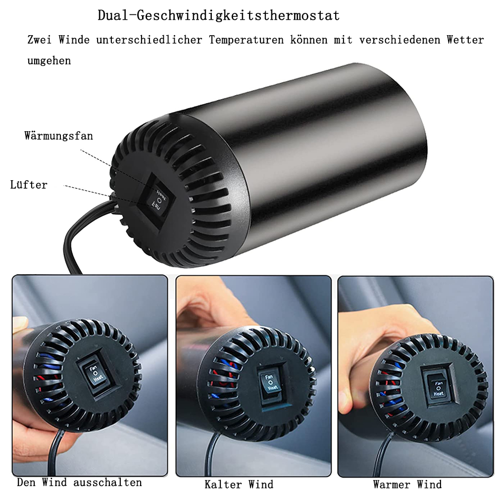 Ein schwarzer Autoheizer mit Schalter für Lüfter- und Heizeinstellungen. Drei kleine Bilder zeigen verschiedene Einstellungen: aus, kalter Wind, warmer Wind.