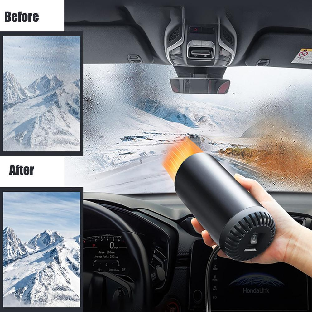 Ein schwarzer Autoheizer wird in einem Auto gehalten. Das Vorher-Bild zeigt ein beschlagenes Fenster mit schneebedeckten Bergen. Das Nachher-Bild zeigt ein klares Fenster.