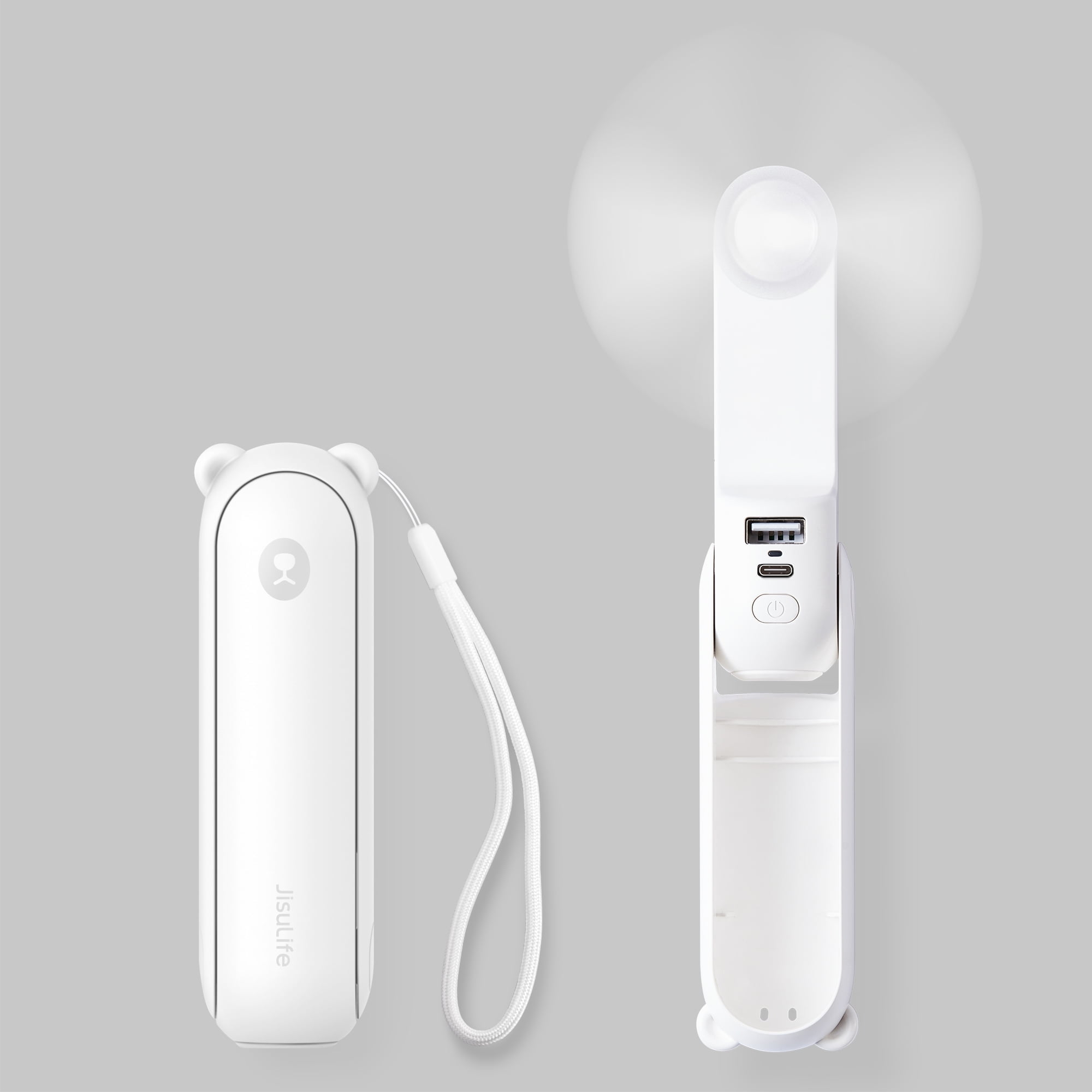 Weißer tragbarer Ventilator und Powerbank. Einer gefaltet, der andere offen mit sich drehenden Blättern, auf grauem Hintergrund.
