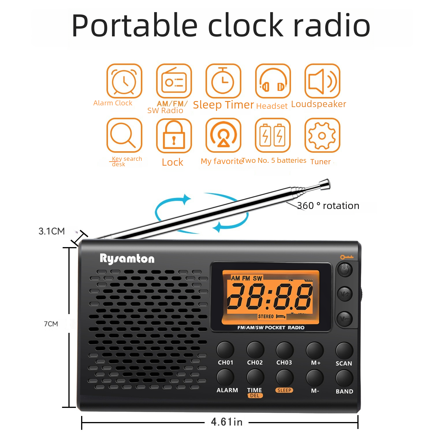Schwarzes tragbares Radiowecker mit orangefarbener Anzeige. Es hat verschiedene Knöpfe und Funktionen wie UKW/MW-Radio, Wecker und Sleep-Timer.