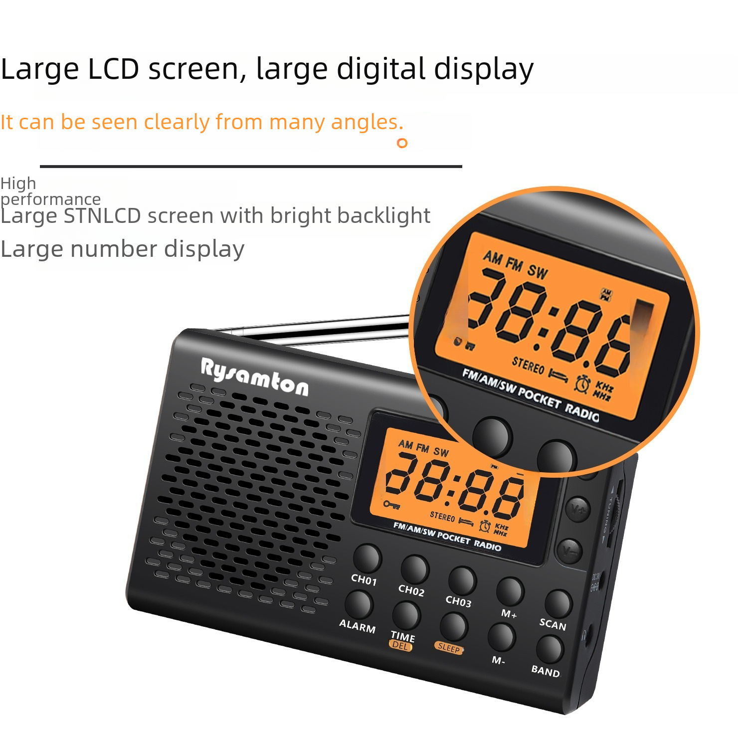 Ein schwarzes Taschenradio zeigt die Uhrzeit 38:86 auf einem orangefarbenen Display. Tasten für Alarm, Sleep und Scan sind sichtbar.