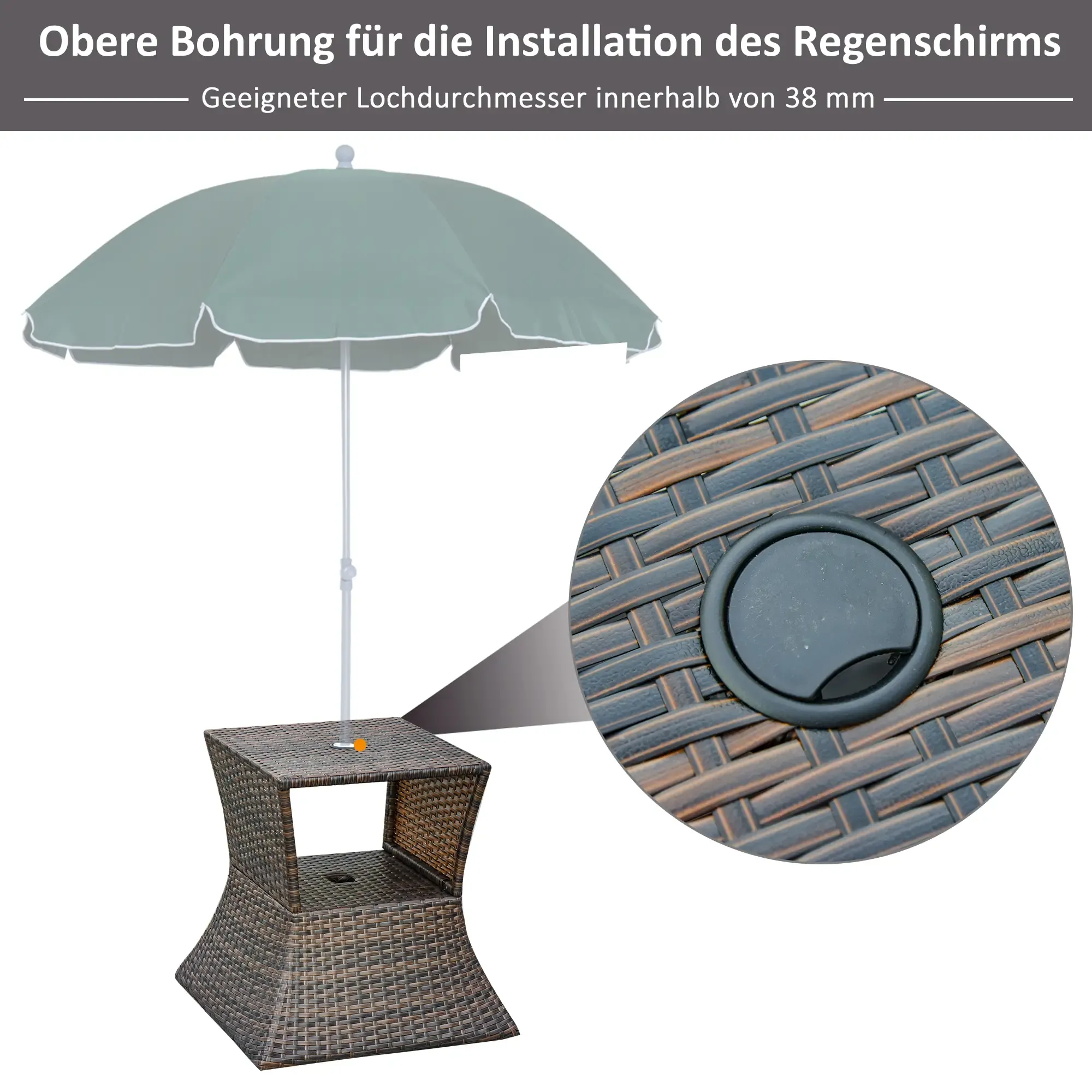 Ein grüner Sonnenschirm steht auf einem gewebten Tisch. Detail zeigt das Loch für den Schirm und die Webstruktur.
