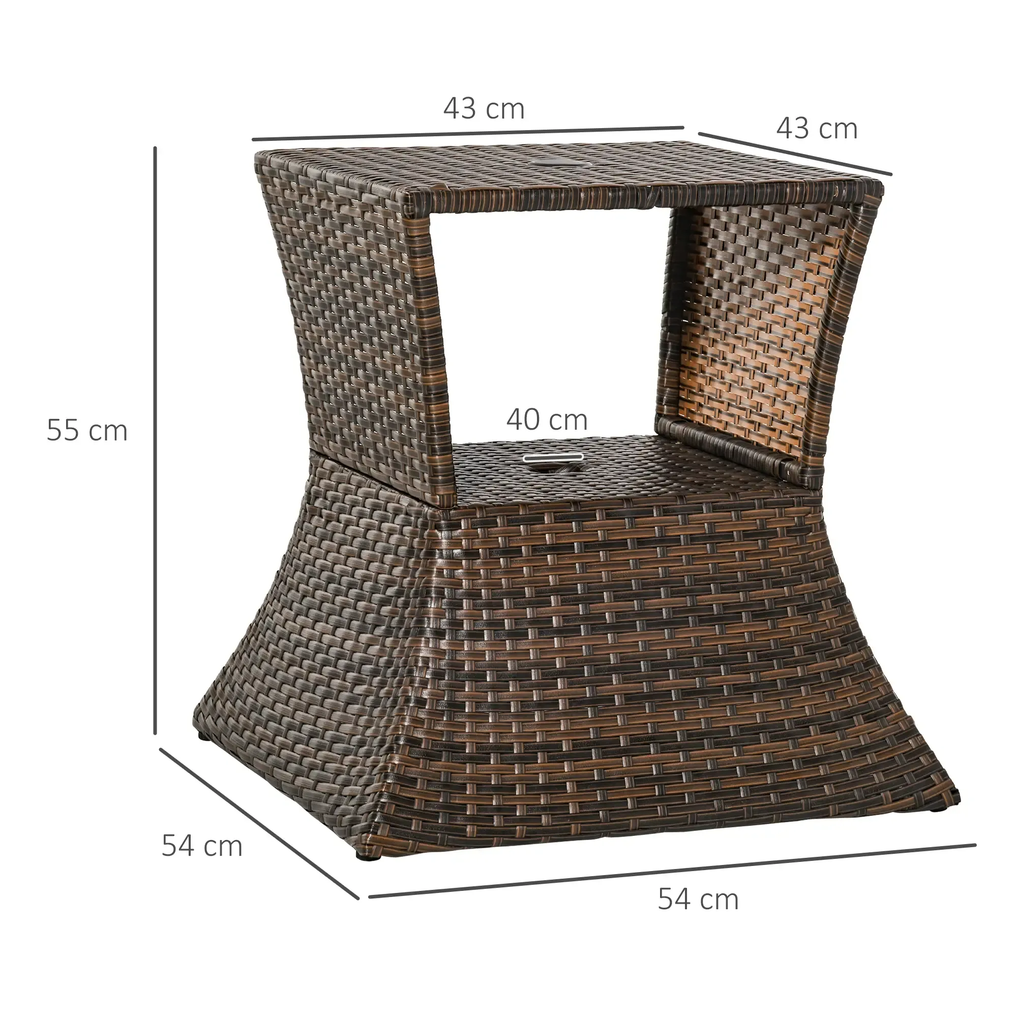 Brauner Beistelltisch aus Weide. Die Oberseite ist 43x43cm, die Höhe 55cm, die Basis 54x54cm. Abmessungen sind angegeben.
