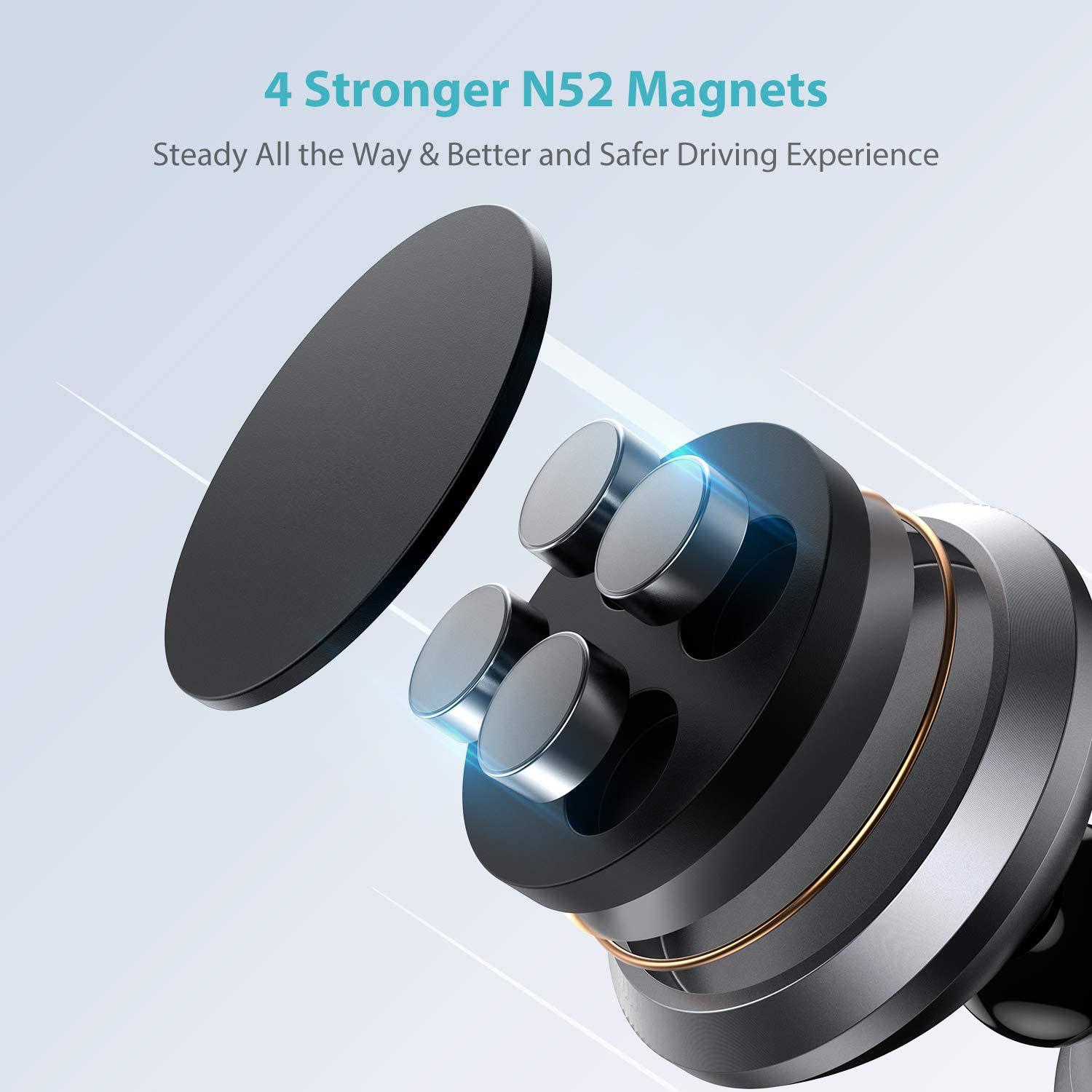 Das Bild zeigt eine Autotelefonhalterung mit 4 Magneten. Die Halterung ist schwarz und silber. Text: 4 stärkere N52-Magnete.