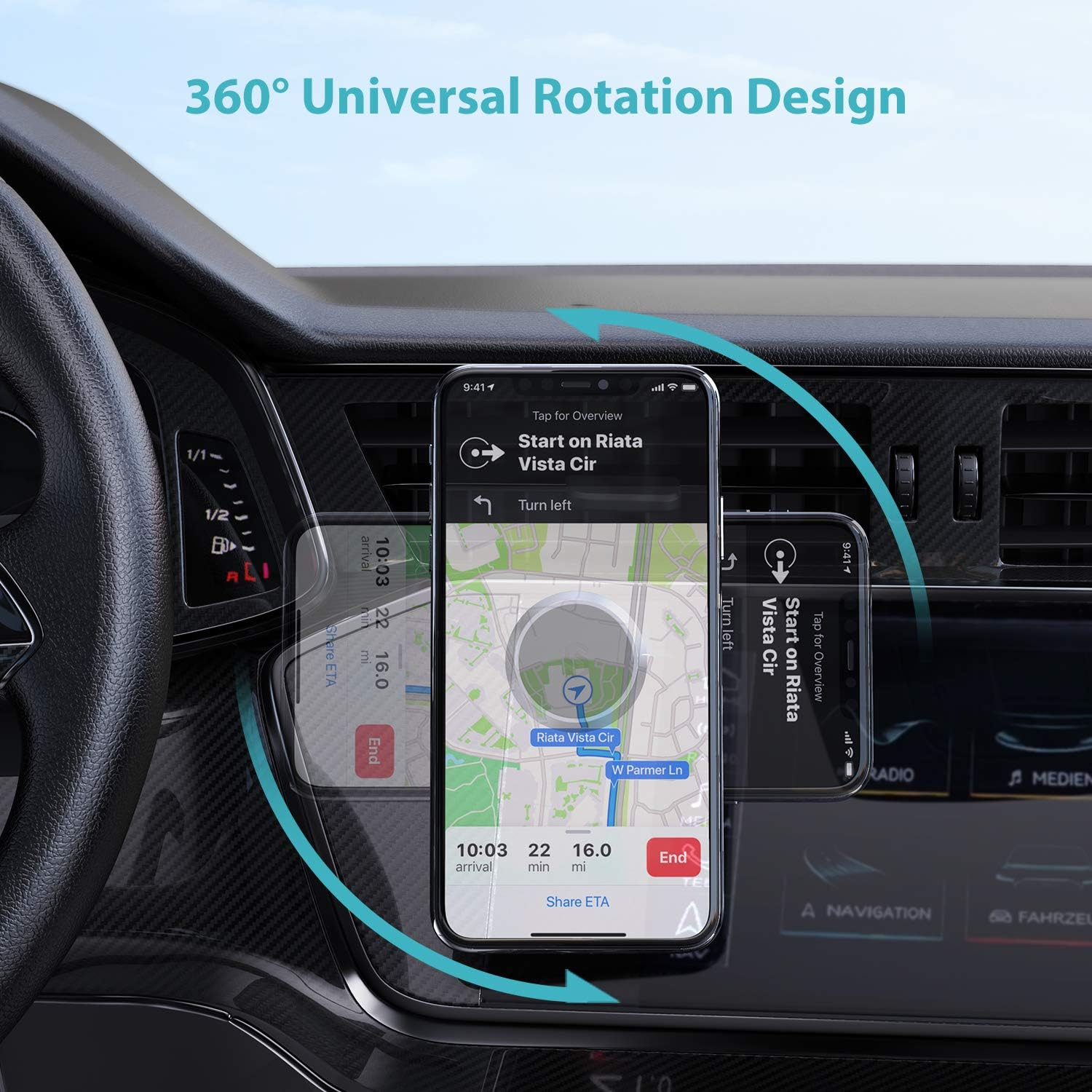 Ein Telefon mit Navigations-App ist in einem Auto montiert. Der Bildschirm zeigt eine Karte und Wegbeschreibungen. Das Telefon kann sich drehen.