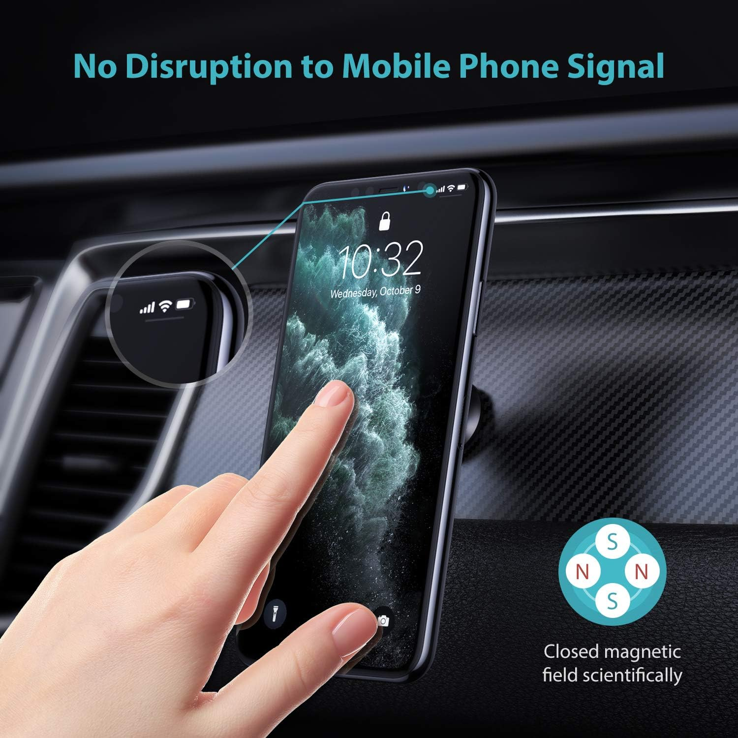 Eine Hand berührt ein Telefon an einer Autohalterung. Das Telefon zeigt die Uhrzeit und ein Signal-Symbol, mit einem Magnetfeld-Symbol.