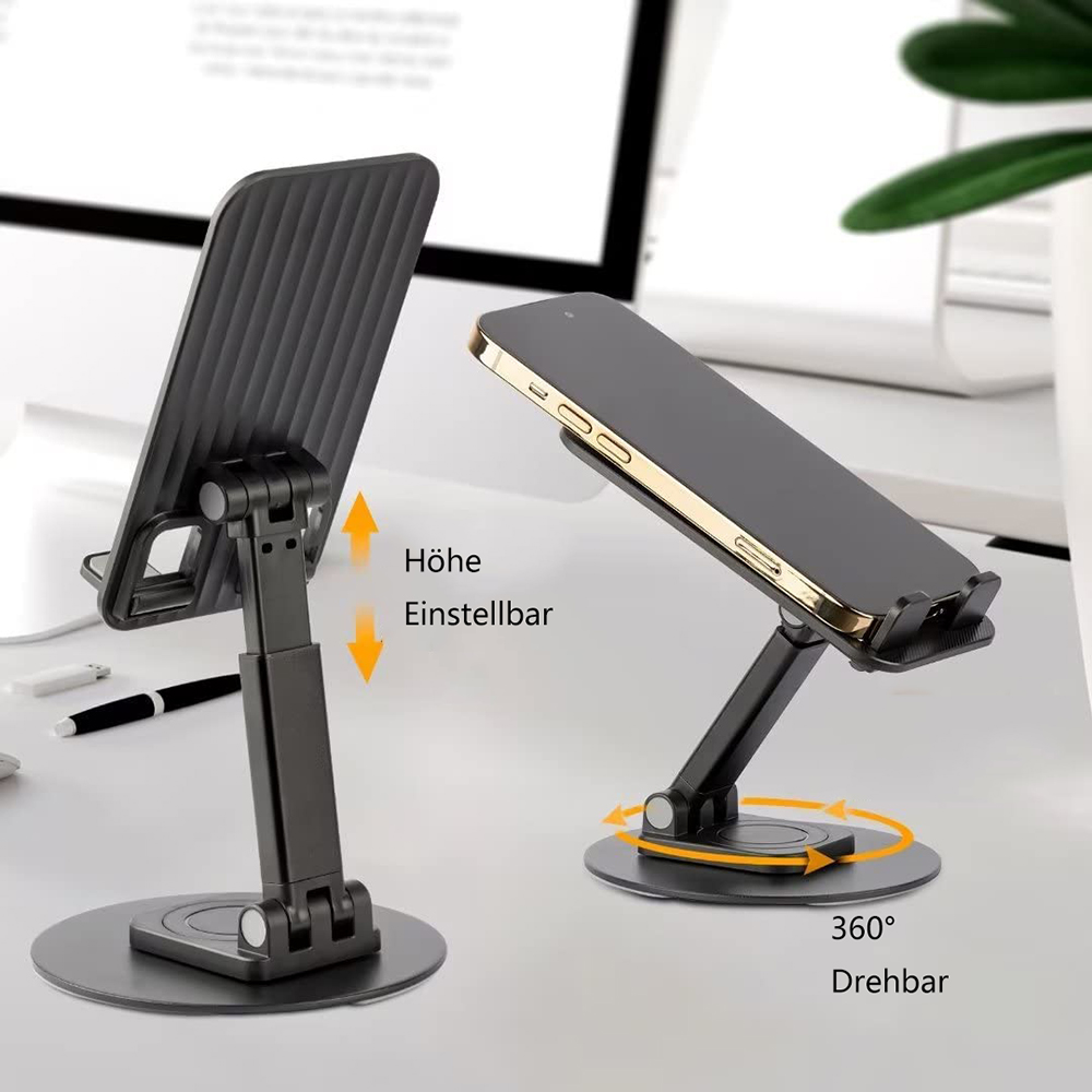 Zwei schwarze Telefonständer, einer mit Telefon, auf einem weißen Schreibtisch. Die Ständer sind verstellbar und drehbar. Ein Computer im Hintergrund.