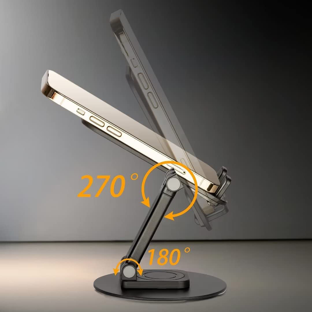 Ein Telefon steht auf einem schwarzen Ständer. Der Ständer hat zwei verstellbare Gelenke. Die Winkel 180 und 270 sind orange hervorgehoben.