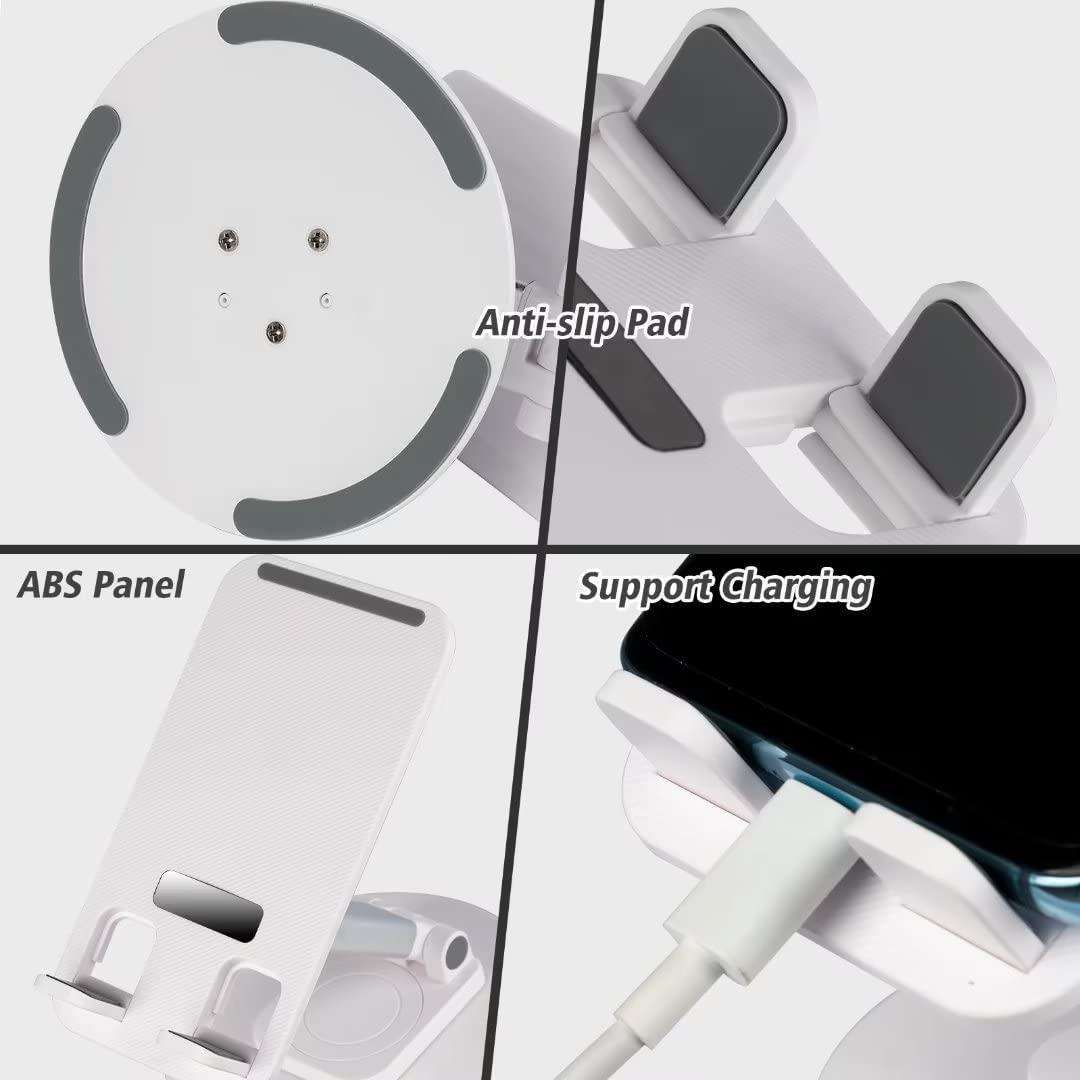 Weißer Telefonständer mit grauen Anti-Rutsch-Pads. Mit ABS-Panel und Ladeunterstützung. Ein Telefon wird mit einem weißen Kabel aufgeladen.