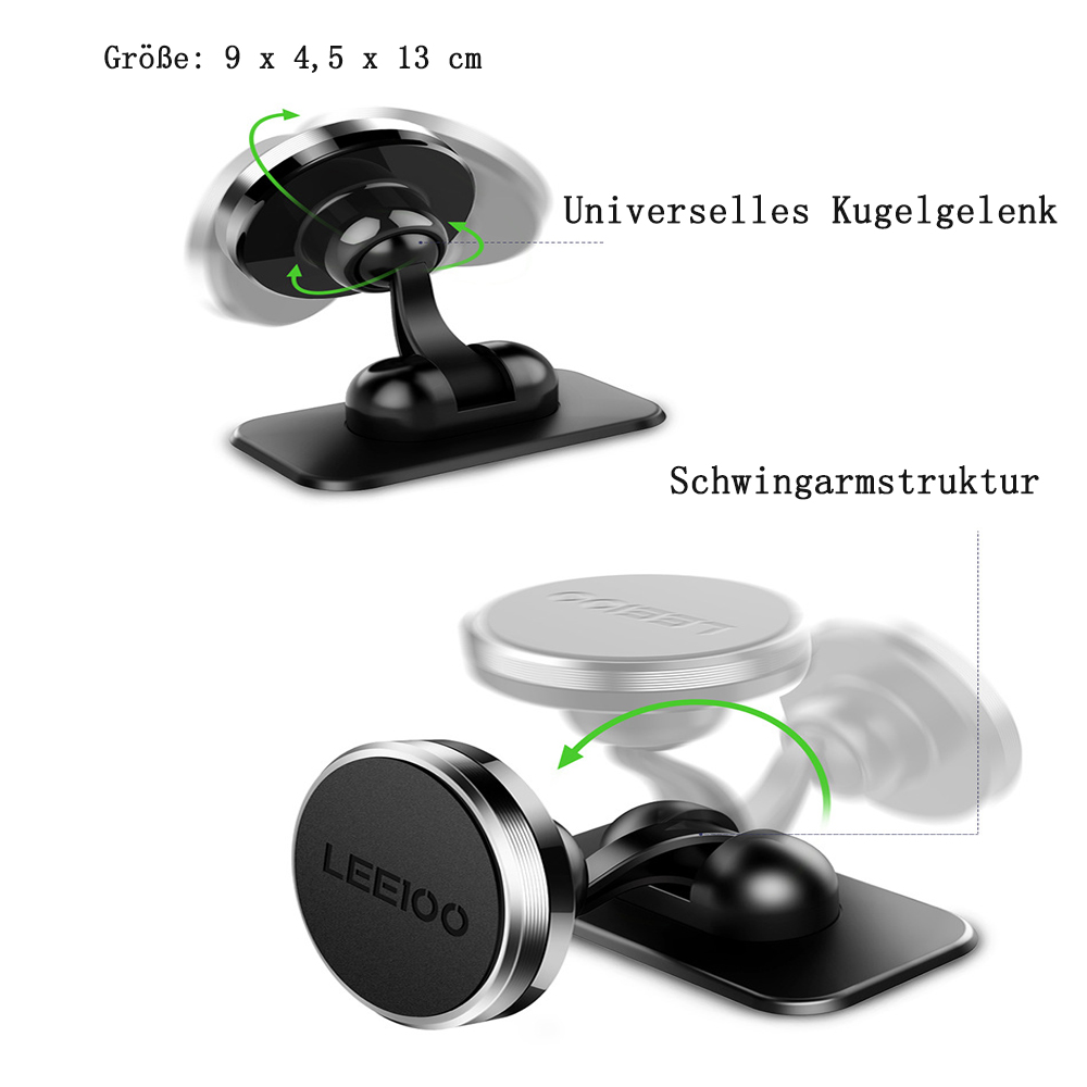 Zwei Ansichten einer schwarz-silbernen Autotelefonhalterung. Die Halterung hat einen Magnetkopf, einen Schwenkarm und eine rechteckige Basis.