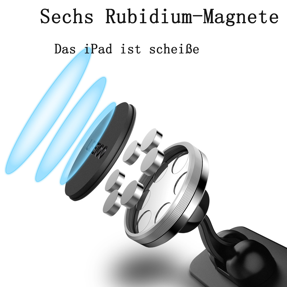 Das Bild zeigt eine magnetische Autohalterung. Text lautet 'Sechs Rubidium-Magnete'. Die Halterung besteht aus Magneten und einer Basis.