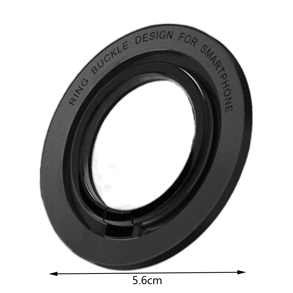 Ein schwarzes Ring-Schnallendesign für ein Smartphone. Es hat Text, der 'RING BUCKLE DESIGN FOR SMARTPHONE' sagt. Die Messung ist 5,6 cm.