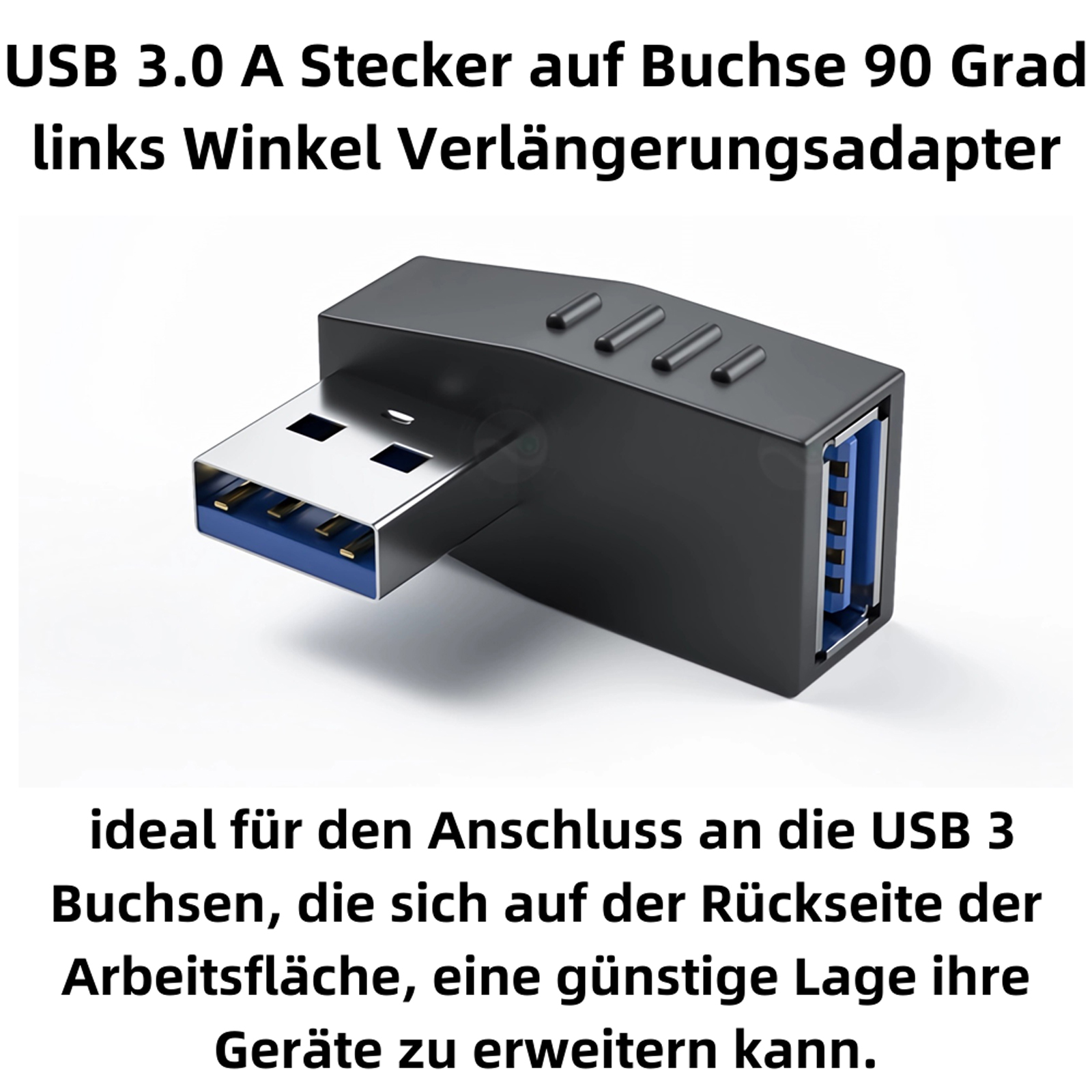 Schwarzer USB 3.0-Adapter. Silberner Stecker mit blauem Innenraum. Der Adapter ist abgewinkelt, ideal für USB-Anschlüsse.