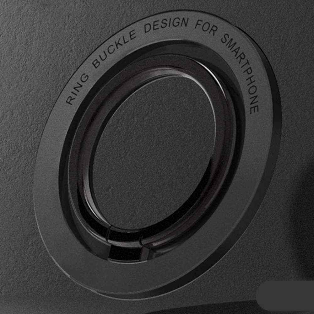 Schwarzer Telefonringhalter mit Text 'Ring Buckle Design For Smartphone' auf dunkler grauer Oberfläche.