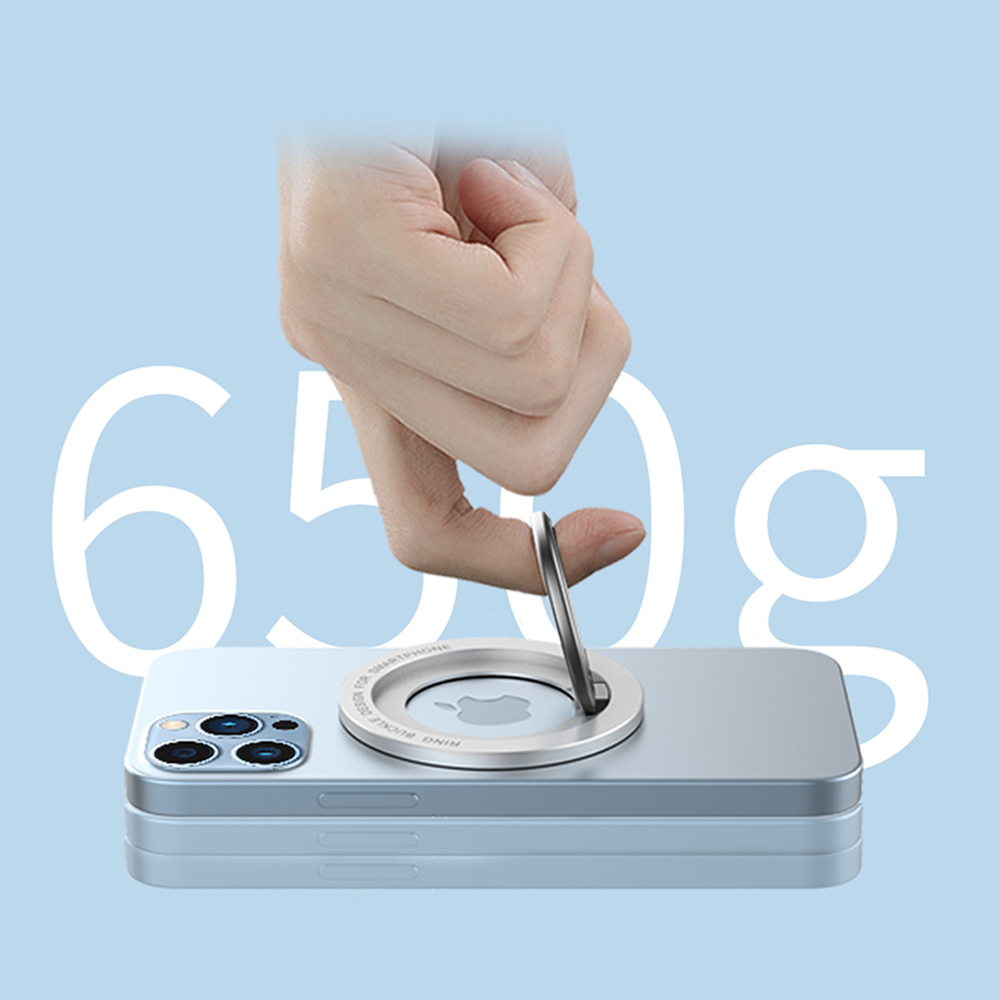 Hand hält einen silbernen Ring auf einem Telefon. Das Telefon ist hellblau mit einem silbernen Ring. Der Hintergrund ist hellblau mit der Zahl 650g.