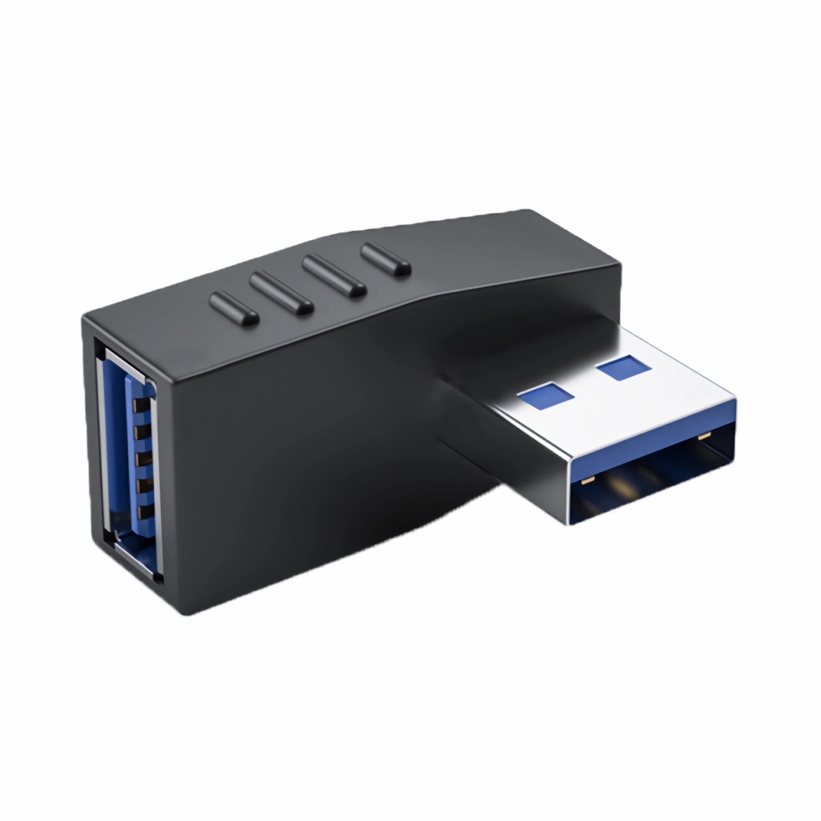 Ein schwarzer USB-Adapter mit blauem Innenraum. Der USB-Anschluss ist silberfarben und hat einen blauen Innenbereich.