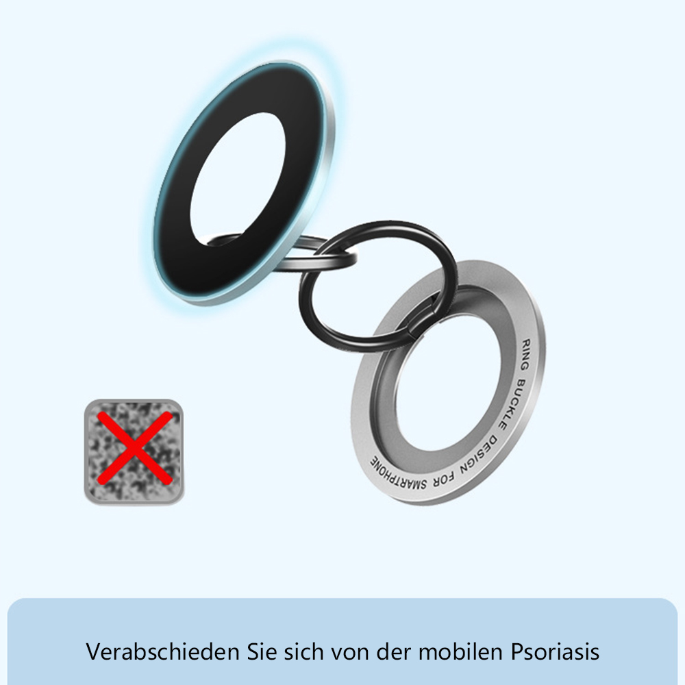 Gezeigt wird ein Telefon-Ringhalter. Er hat einen schwarzen Ring, einen silbernen Ring und einen schwarzen Verbindungsring. Eine Box mit rotem X ist zu sehen.