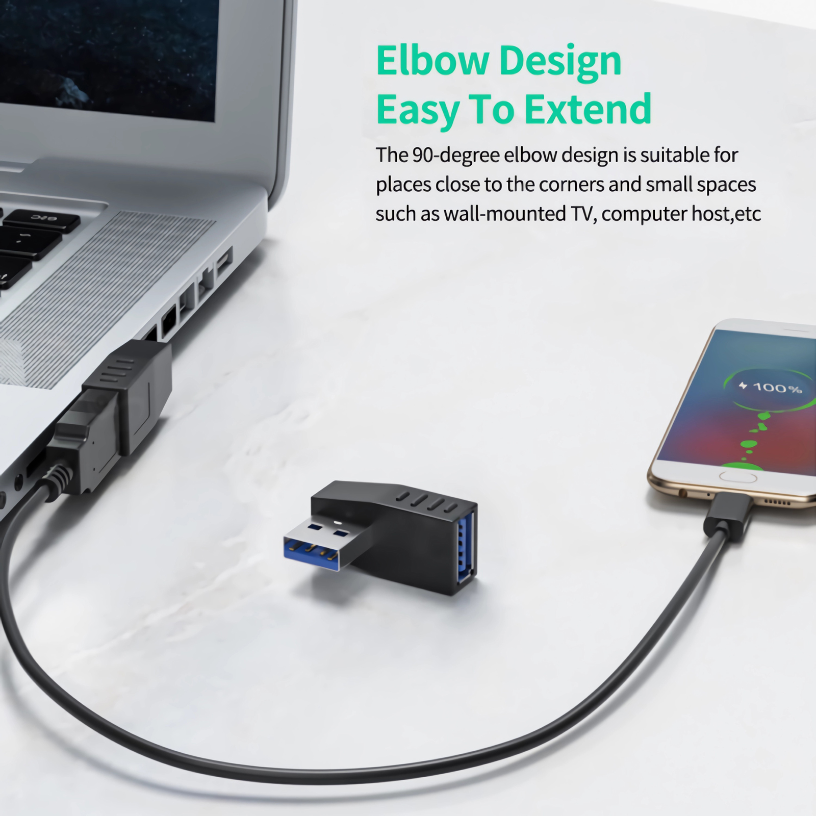 Ein Laptop, ein Telefon und ein USB-Adapter befinden sich auf einem Tisch. Das Telefon zeigt 100 % Ladung an. Der Adapter ist schwarz.