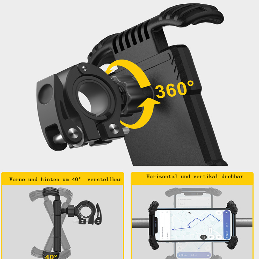 Schwarzer Telefonhalter mit verstellbaren Winkeln. Zeigt 360° Drehung und 40° Einstellung. Zeigt Telefon mit Karte an einem Lenker.