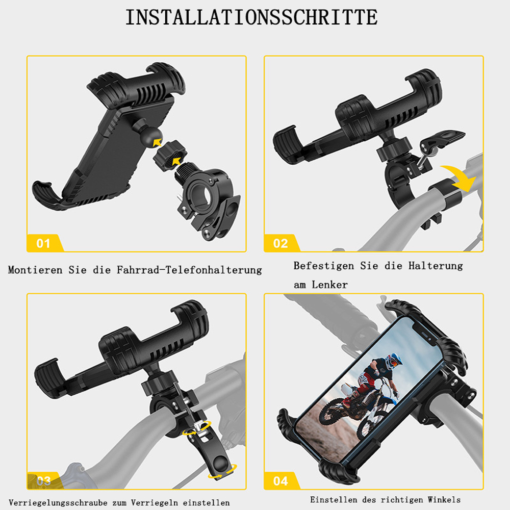 Vier-Schritte-Installationsanleitung für eine Telefonhalterung. Zeigt die Schritte zum Montieren, Anbringen, Einstellen und Positionieren.