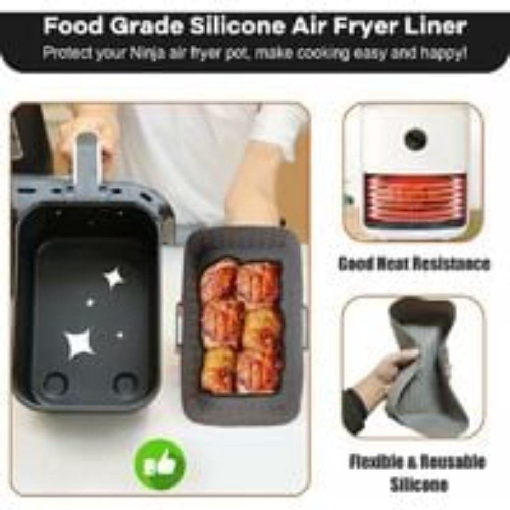 Das Bild zeigt eine Airfryer-Liner mit Essen. Es zeigt auch einen weißen Airfryer und eine Hand, die einen flexiblen Silikonliner hält.