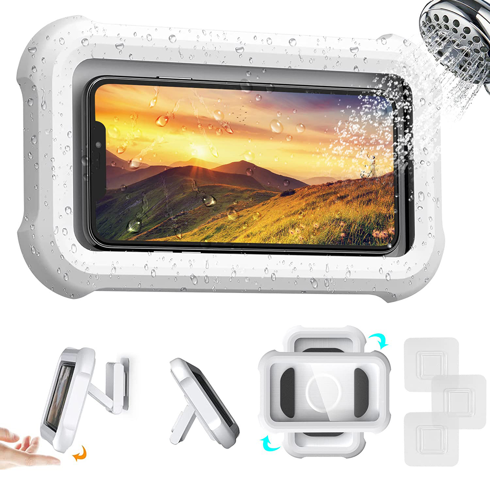Weiße wasserdichte Handyhülle mit Handy, Wassertropfen, Duschkopf. Zusätzliche Hüllen und Befestigungsmöglichkeiten unten.