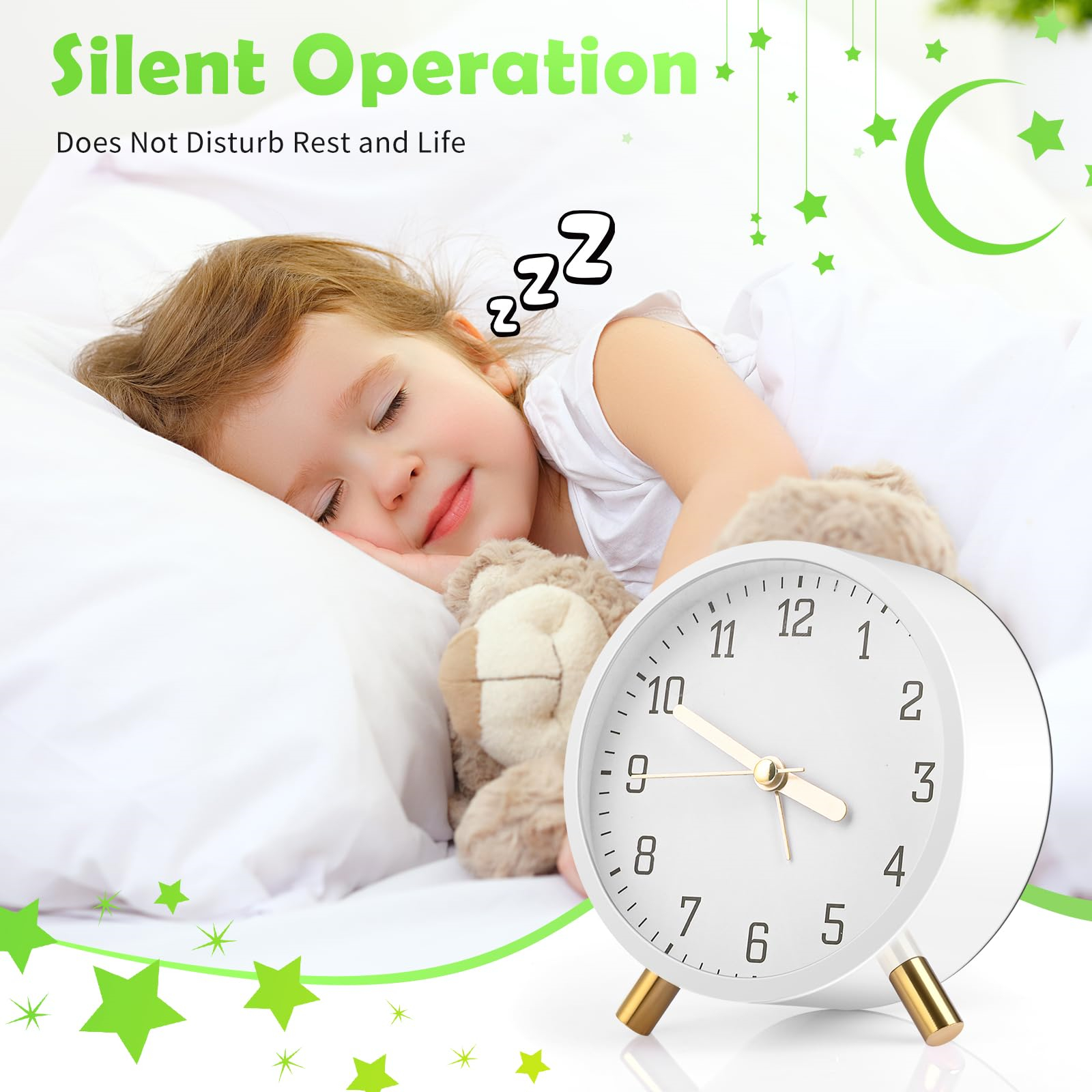 Ein Kind schläft friedlich neben einem weißen Wecker. Zzz-Symbole oben. Der Hintergrund hat grüne Sterne und Mond.