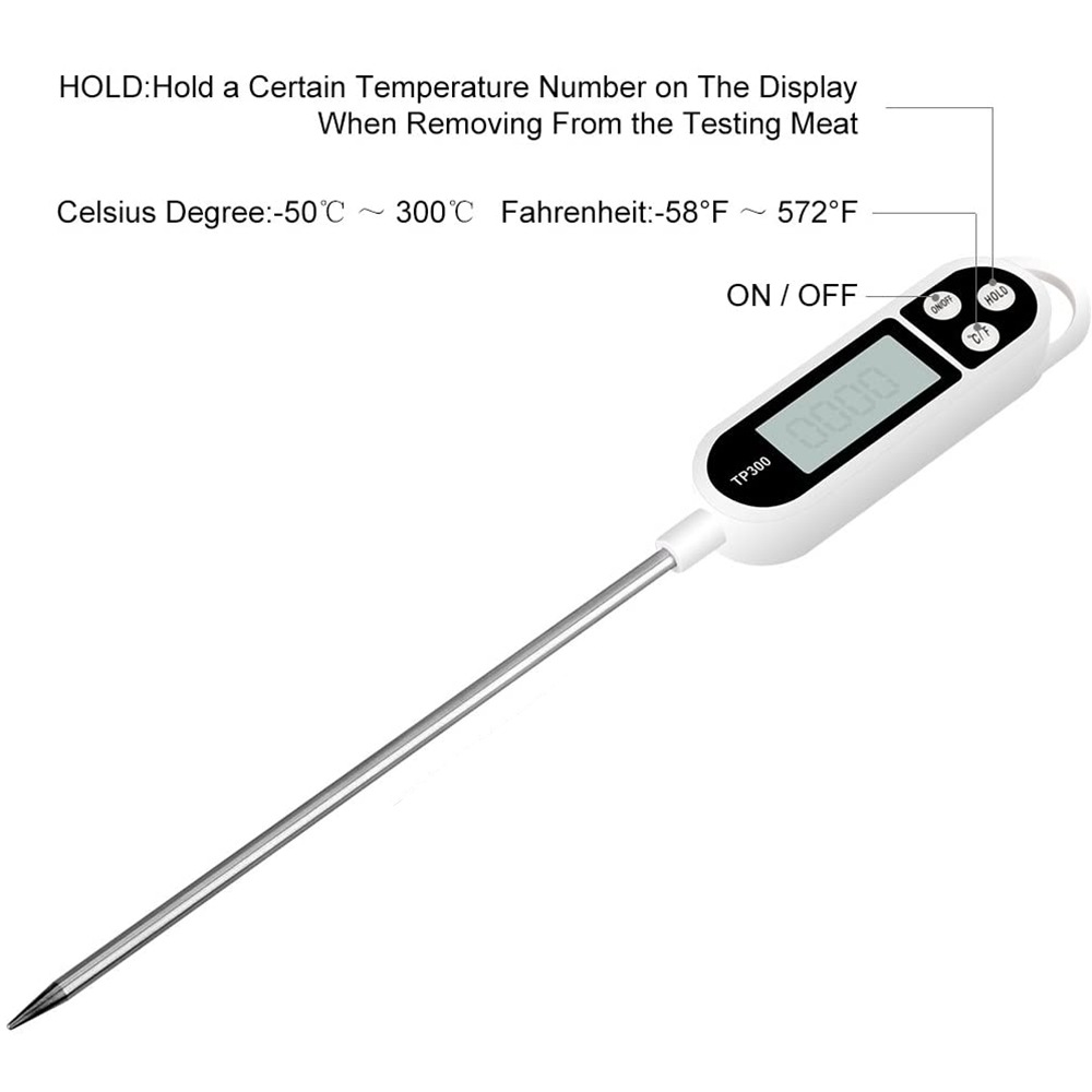 Ein weißes digitales Thermometer mit Metallsonde wird angezeigt. Es zeigt Temperaturwerte an und hat Ein/Aus- und Halte-Tasten.