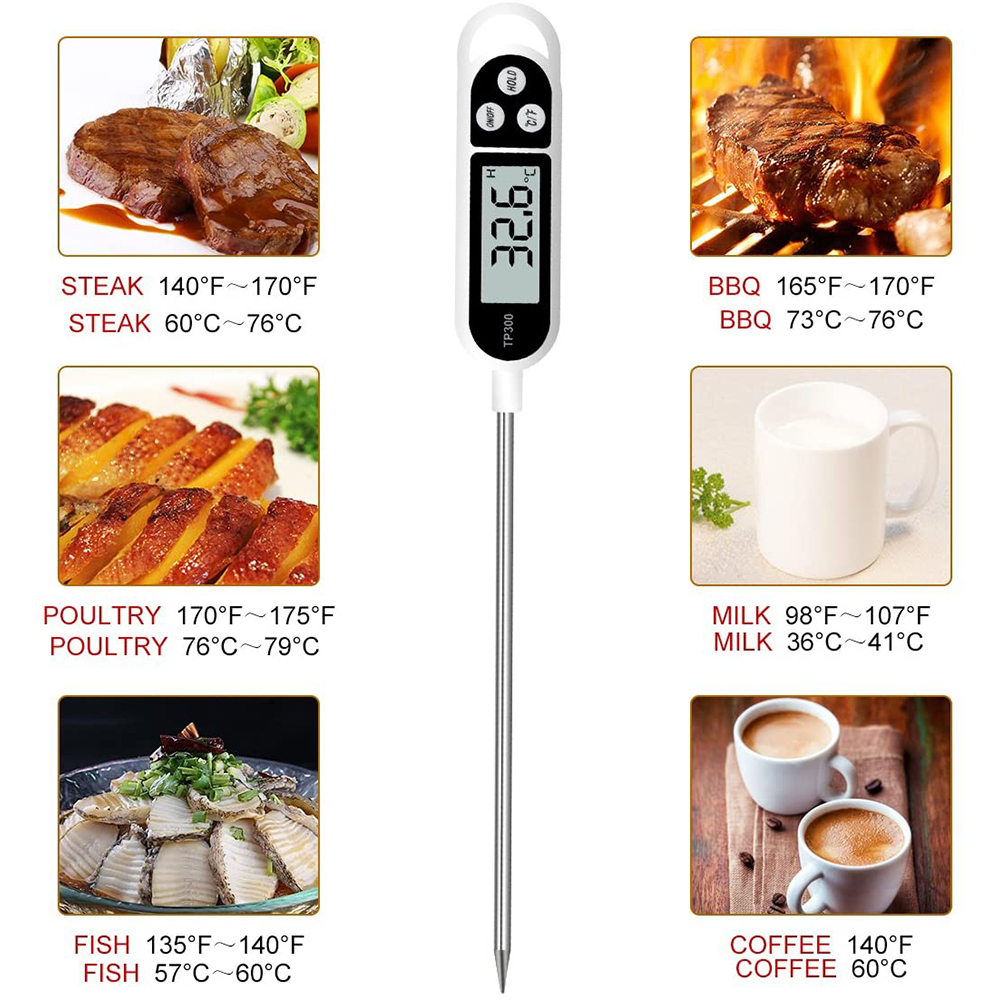 Das Bild zeigt ein digitales Lebensmittelt hermometer mit Lebensmittelproben: Steak, Grill, Geflügel, Milch, Fisch und Kaffee mit Temperaturen.