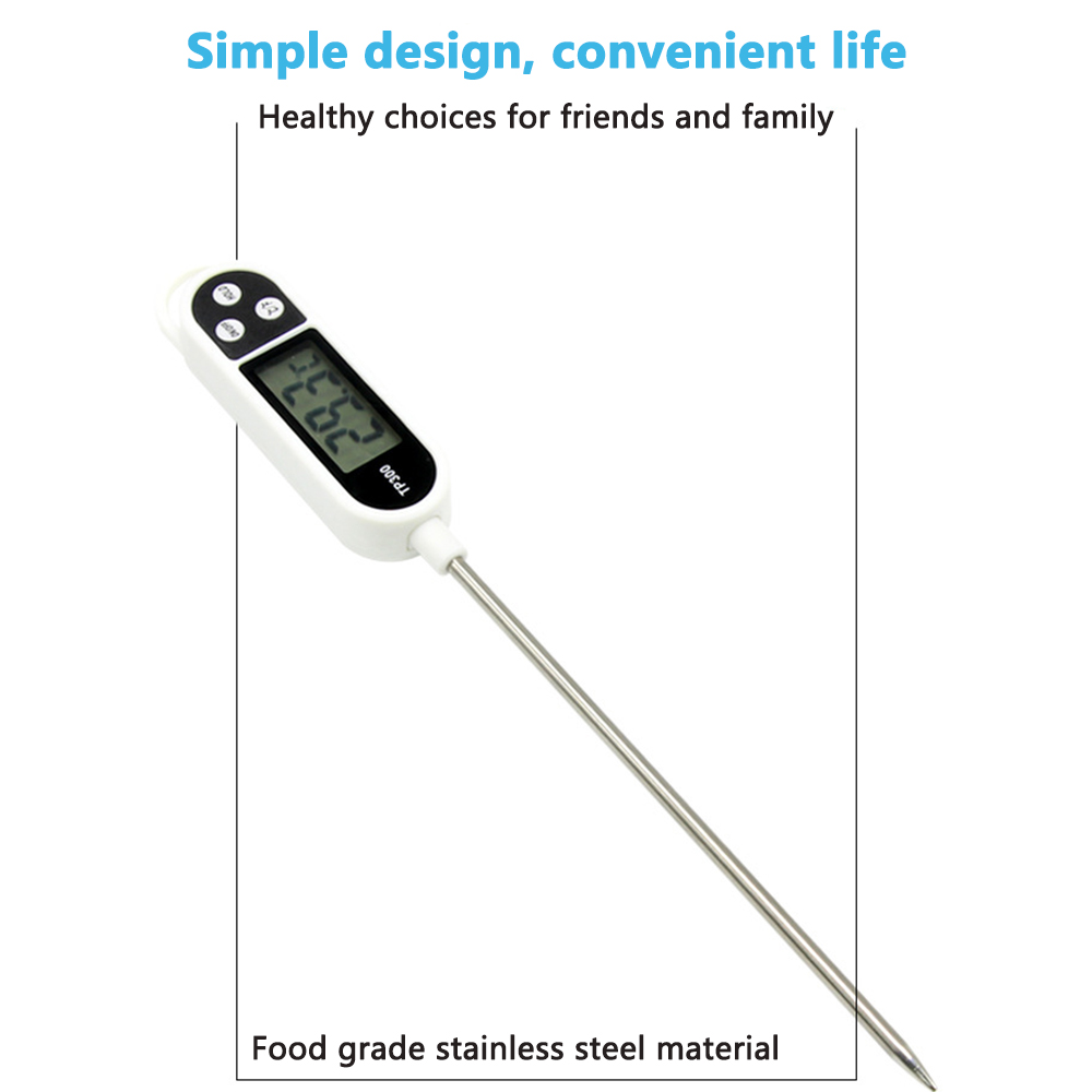 Ein digitales Thermometer mit weißem Gehäuse, Digitalanzeige 29,3 und langer Edelstahlsonde. Der Text lautet TP300.