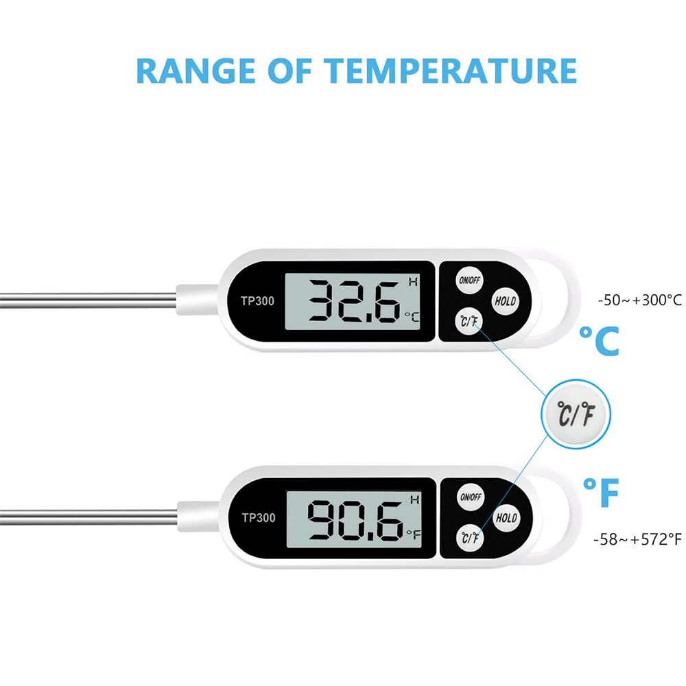 Zwei digitale Thermometer zeigen Temperaturen an. Eines zeigt 32,6 °C, das andere 90,6 °F. Text zeigt Temperaturbereiche in Celsius und Fahrenheit an.