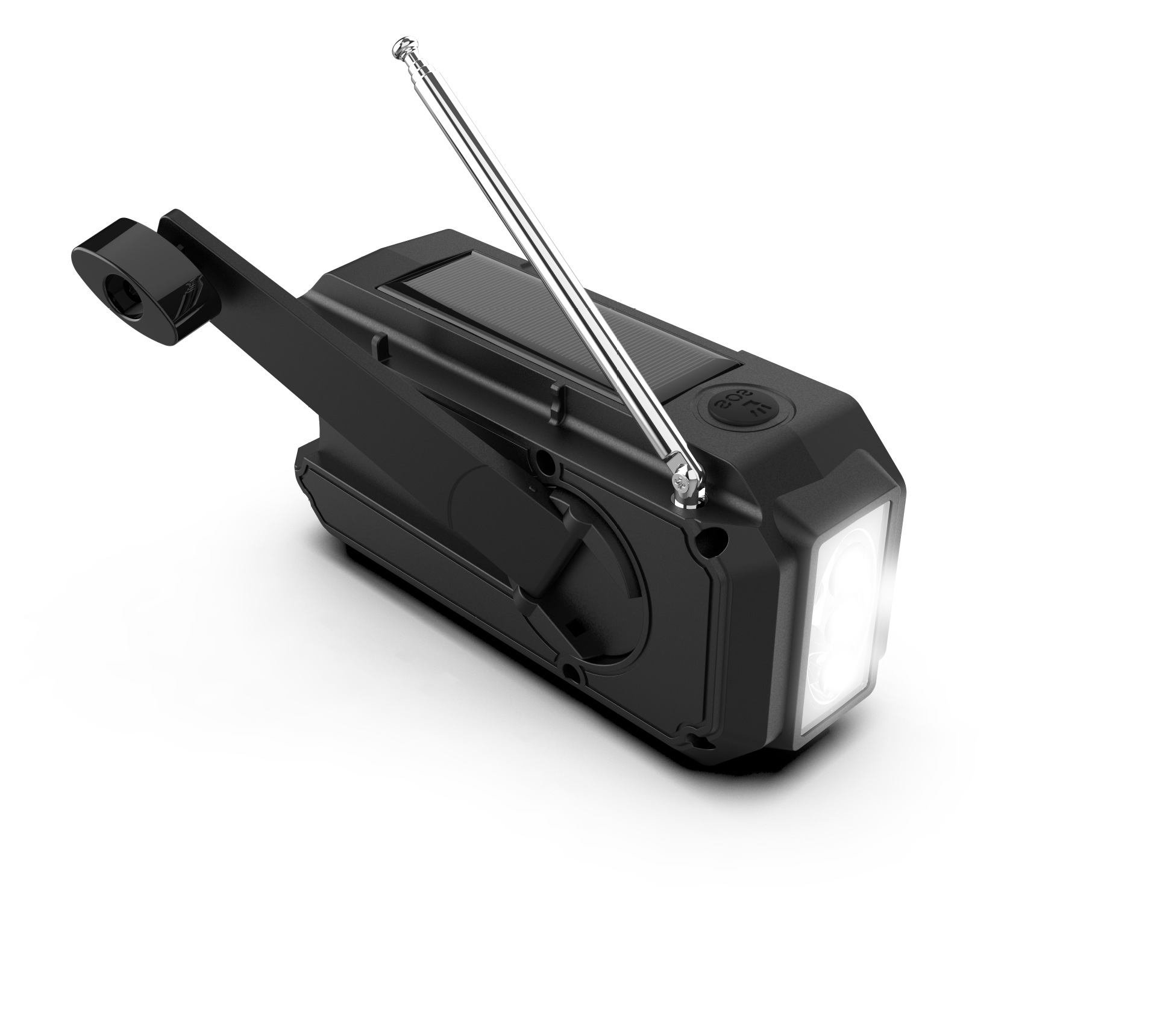 Schwarzes Notfallradio mit Handkurbel, Solarpanel, Antenne und LED-Licht. Es ist auf einer weißen Oberfläche angewinkelt.
