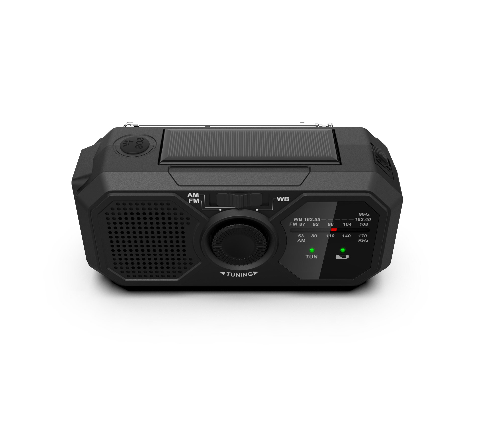 Ein schwarzes Radio mit Solarpanel. Es hat einen Drehknopf, Frequenzanzeige und Knöpfe. Der Hintergrund ist weiß.