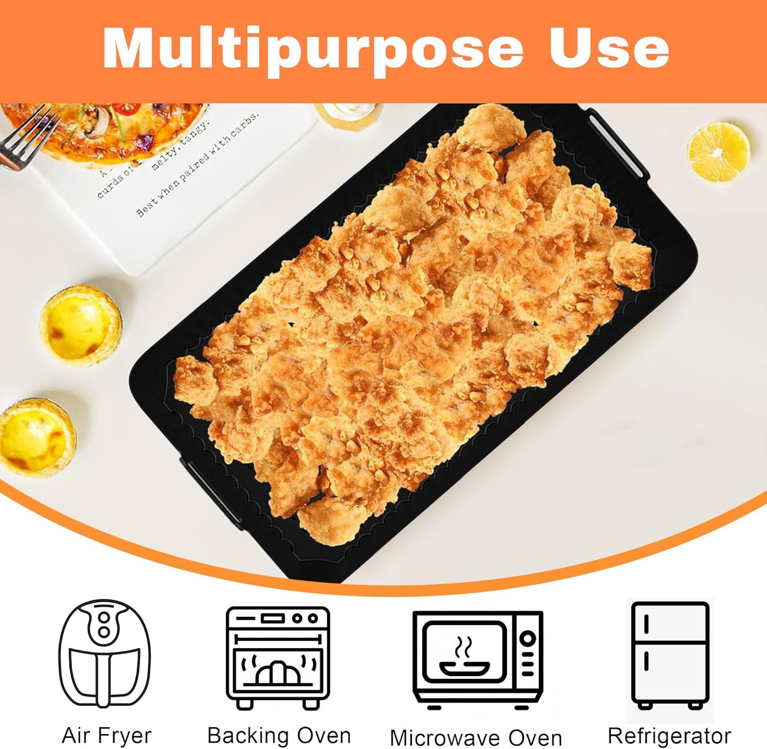 Frittiertes Essen in einer schwarzen Schale mit Text "Multipurpose Use". Symbole für Fritteuse, Backofen, Mikrowelle und Kühlschrank.