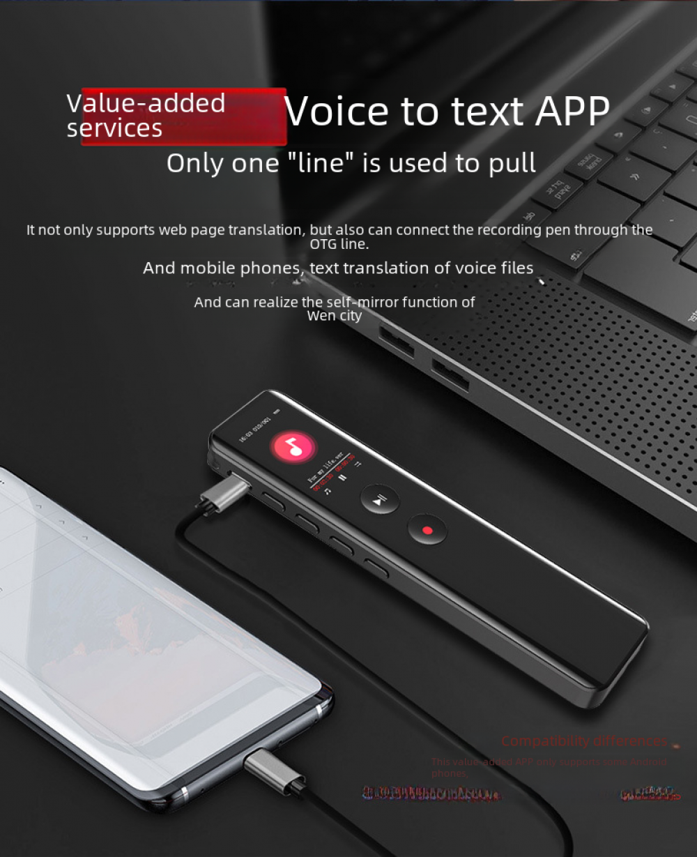 Eine Voice-to-Text-App wird gezeigt, mit einem Aufnahmegerät, das mit einem Telefon und einem Laptop verbunden ist. Text und Symbole sind sichtbar.