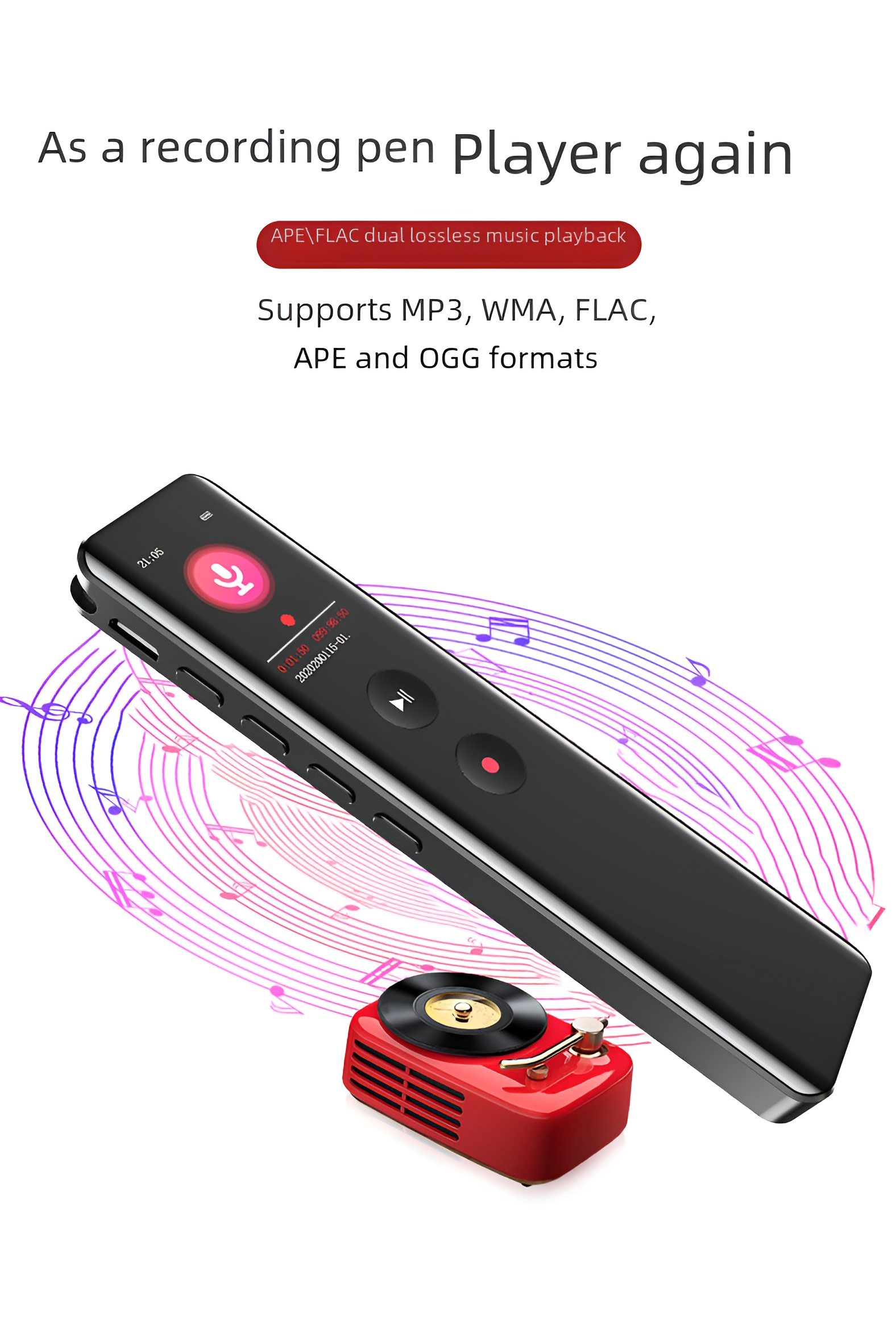 Schwarzer Aufnahmestift mit kleinem roten Plattenspieler. Musiknoten herum. Text: Player again, unterstützt MP3, WMA, FLAC, APE, OGG.