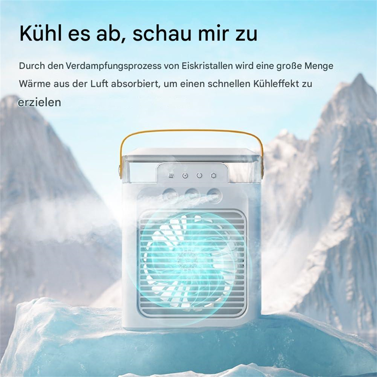 Ein kleiner weißer Luftkühler mit Griff, auf Eis platziert, mit Bergen im Hintergrund und Text oben.