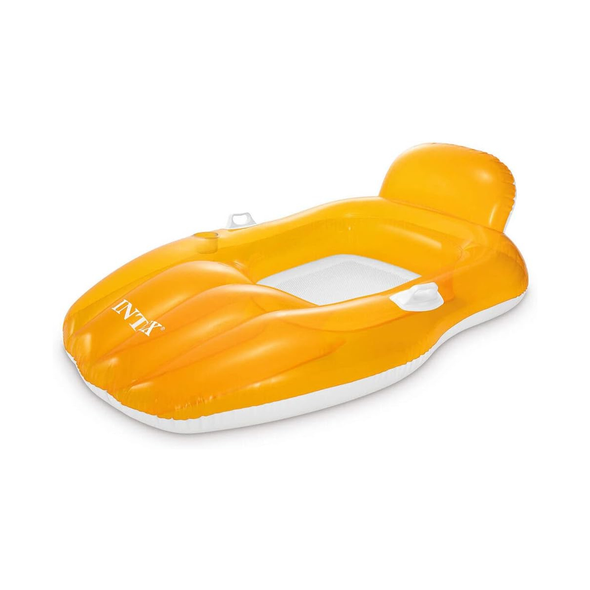 Ein orangefarbener aufblasbarer Poolschwimmer in Bootsform. Er hat eine Kopfstütze und der Markenname 'INTEX' ist sichtbar.