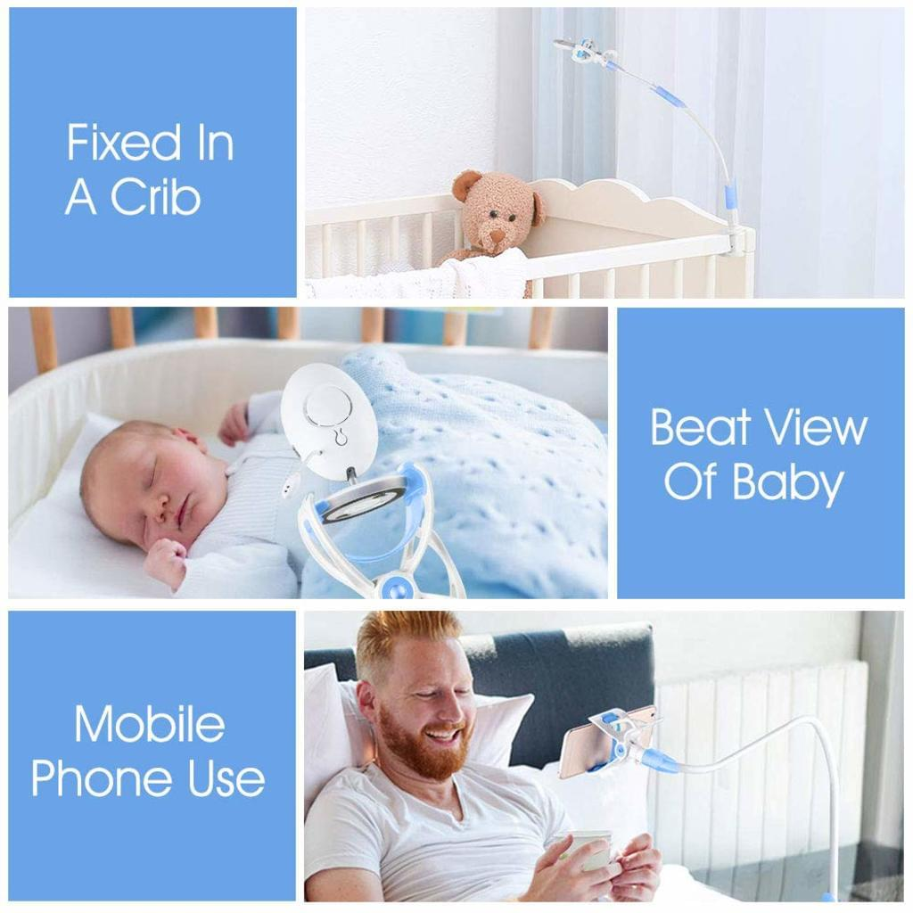 Das Bild zeigt ein Babyüberwachungssystem. Der Monitor ist über einem Kinderbett montiert, und ein Mann benutzt den Monitor auf seinem Telefon.