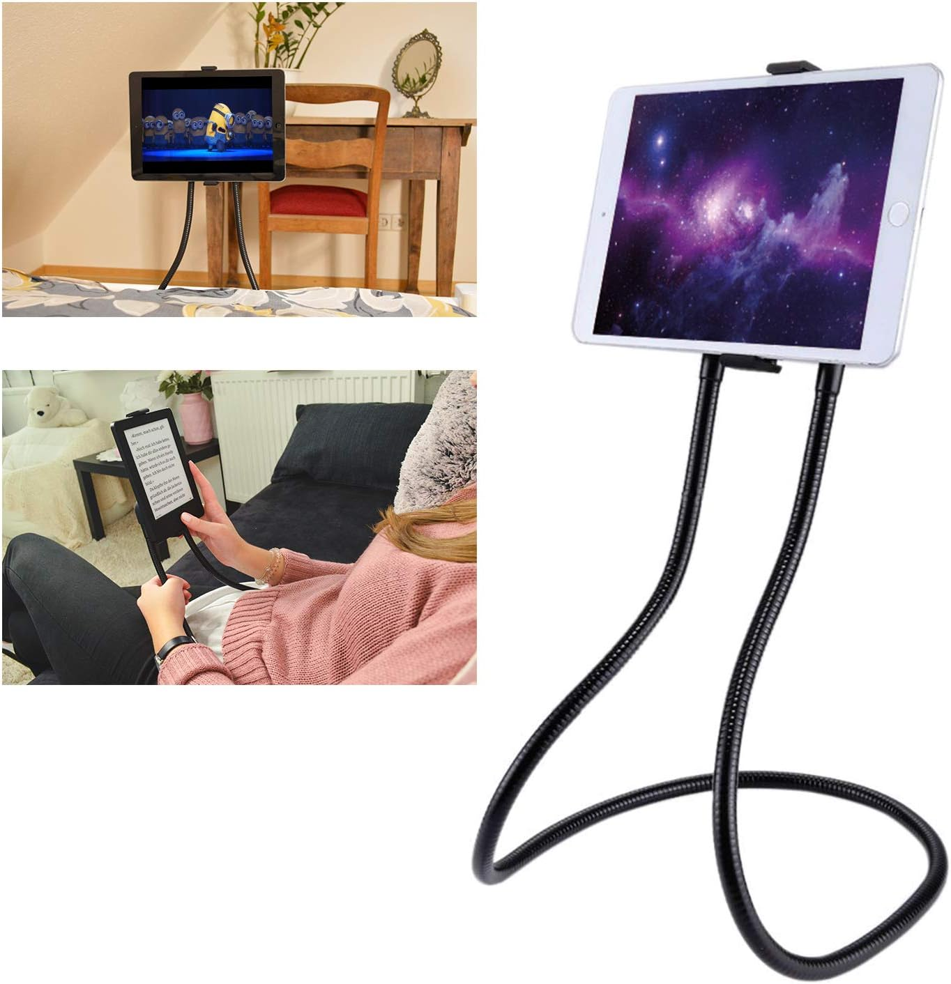 Ein iPad wird von einem flexiblen schwarzen Schwanenhalsständer gehalten. Ein Bild zeigt eine Person, die den Ständer benutzt, und andere Bildschirme mit unterschiedlichem Inhalt.