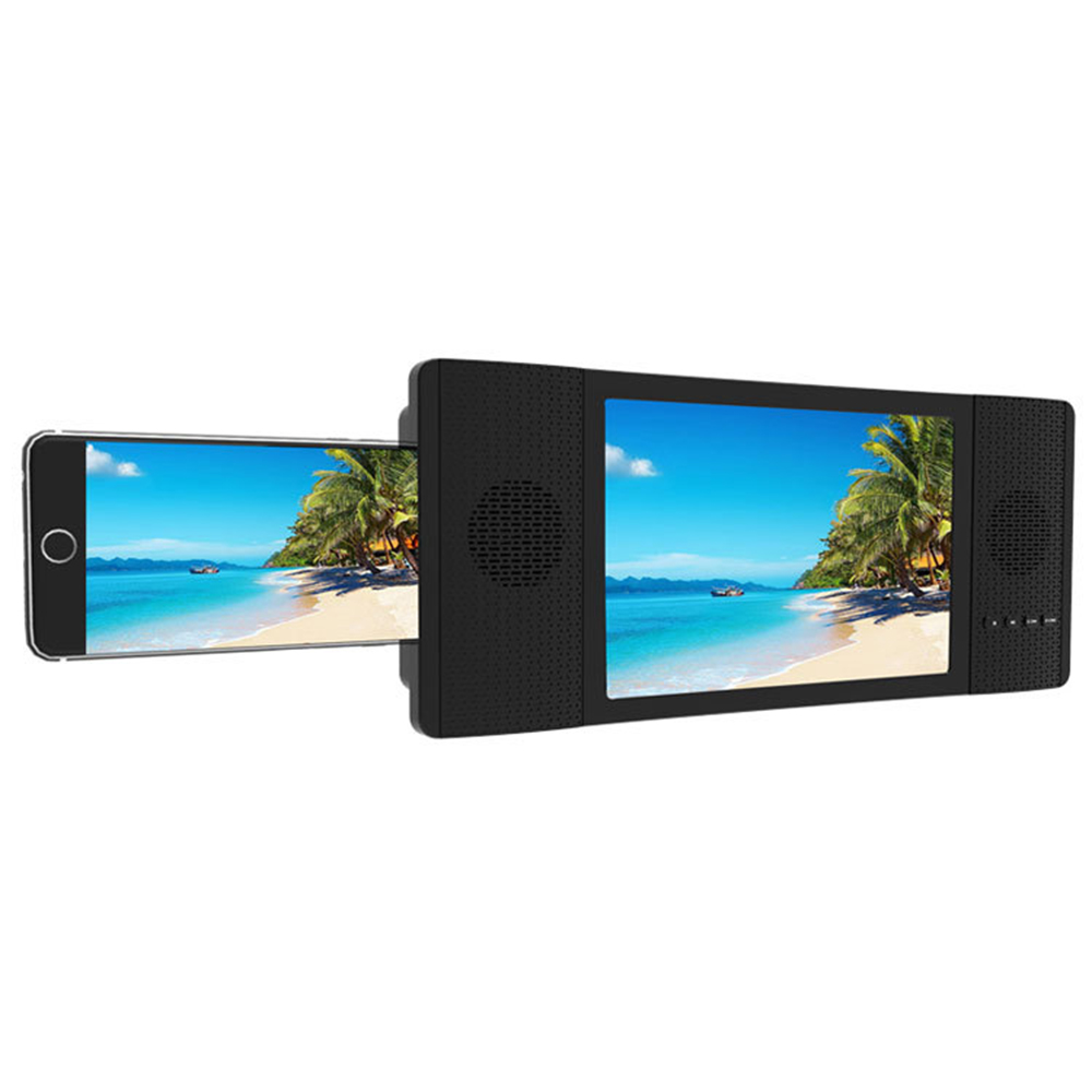 Ein Telefon, das eine Strandszene zeigt, ist mit einem schwarzen Bildschirm verbunden, der dasselbe Bild zeigt. Auf beiden Seiten des Bildschirms befinden sich Lautsprecher.