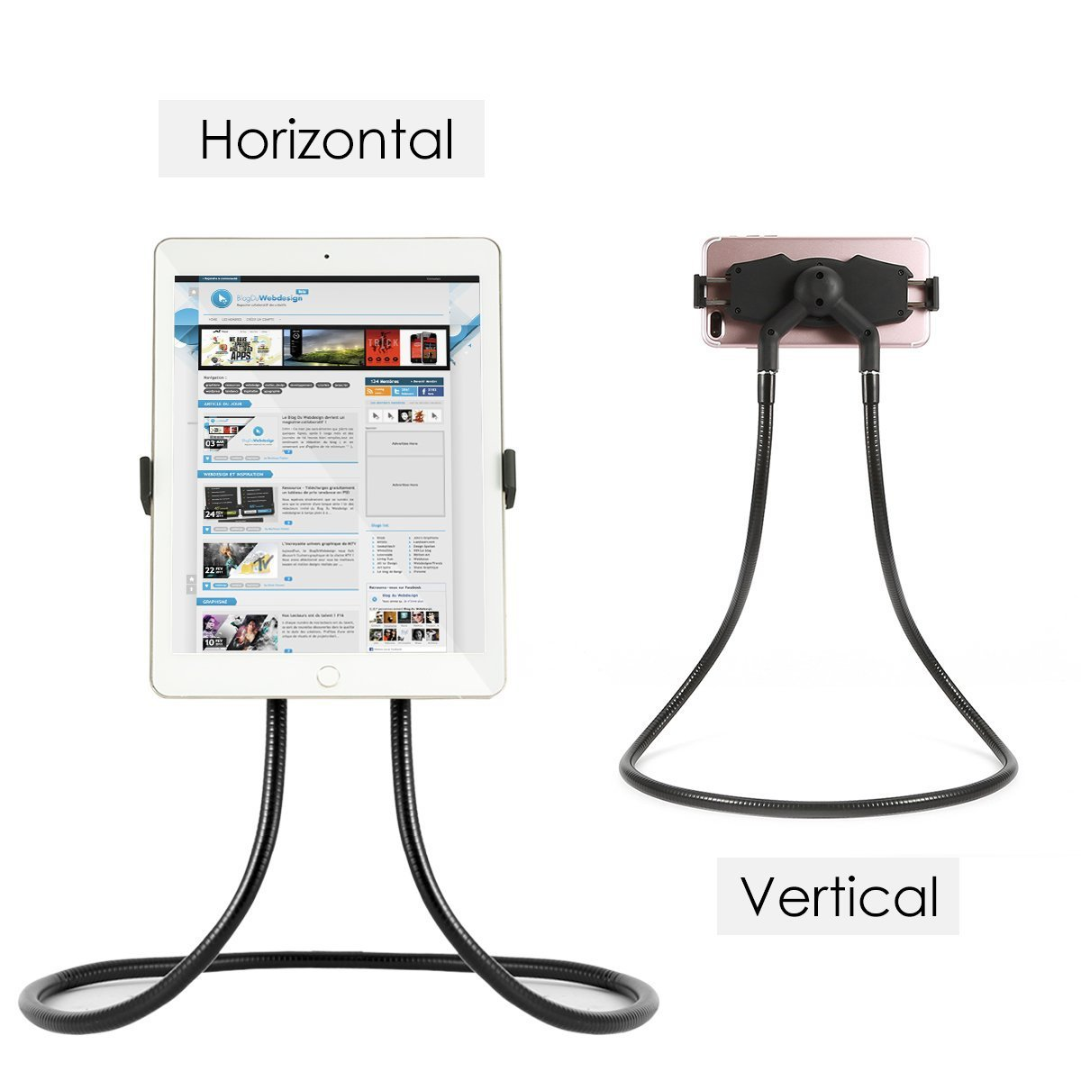 Das Bild zeigt zwei Telefonhalter, einen mit einem Tablet und einen mit einem Telefon, beide auf flexiblen schwarzen Ständern. Textlabels lesen Horizontal und Vertikal.