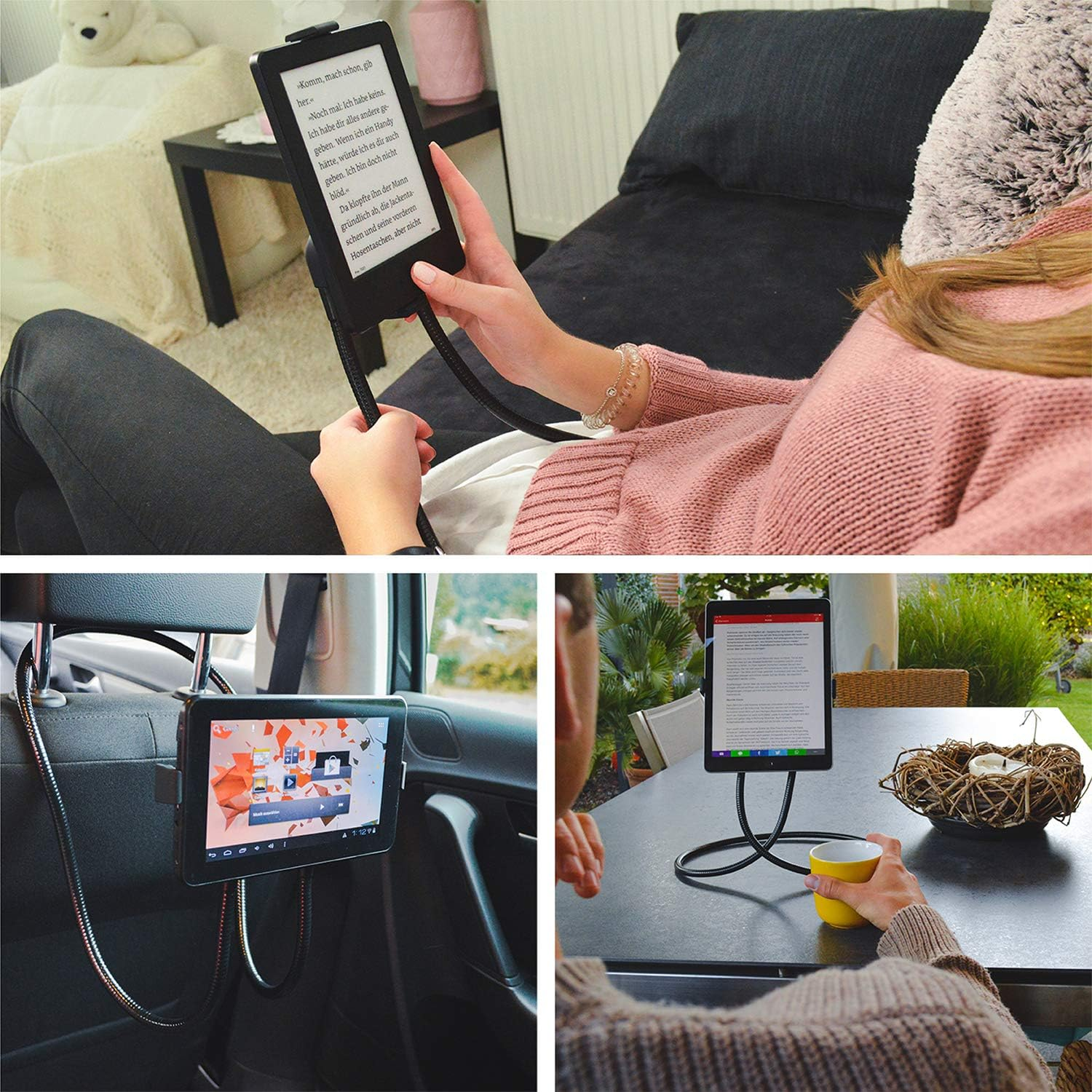 Frau liest auf Tablet mit flexiblem Arm. Weitere Bilder zeigen Tablet im Auto und auf Tisch, beide mit flexiblen Armen.