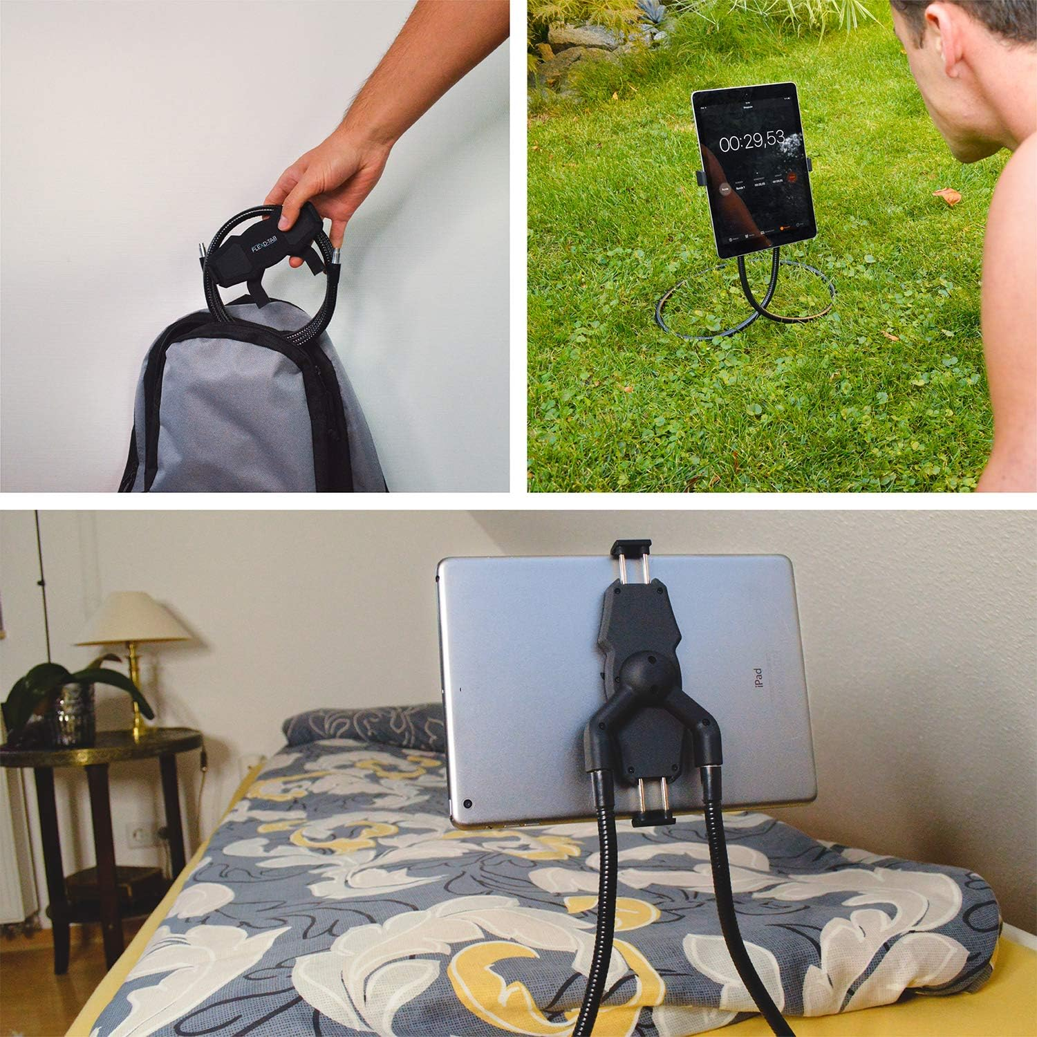 Eine Person hält ein schwarzes Gerät, das an einem Rucksack befestigt ist. Der Rucksack ist grau. Das Gerät trägt die Aufschrift FLEX-O-TAB.