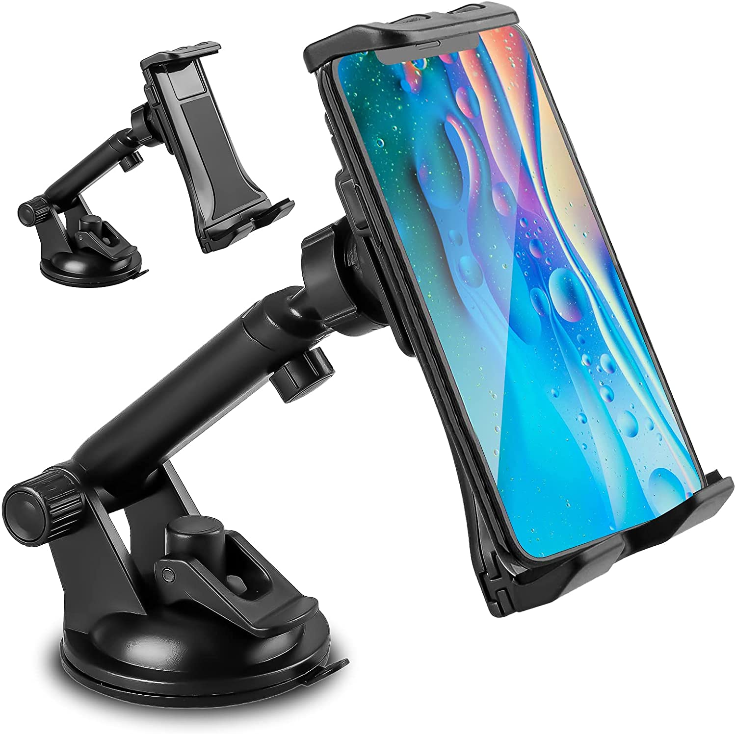 Schwarzer Autotelefonhalter mit einem Telefon, das ein farbenfrohes abstraktes Bild zeigt. Im Hintergrund befindet sich ein kleinerer Halter.