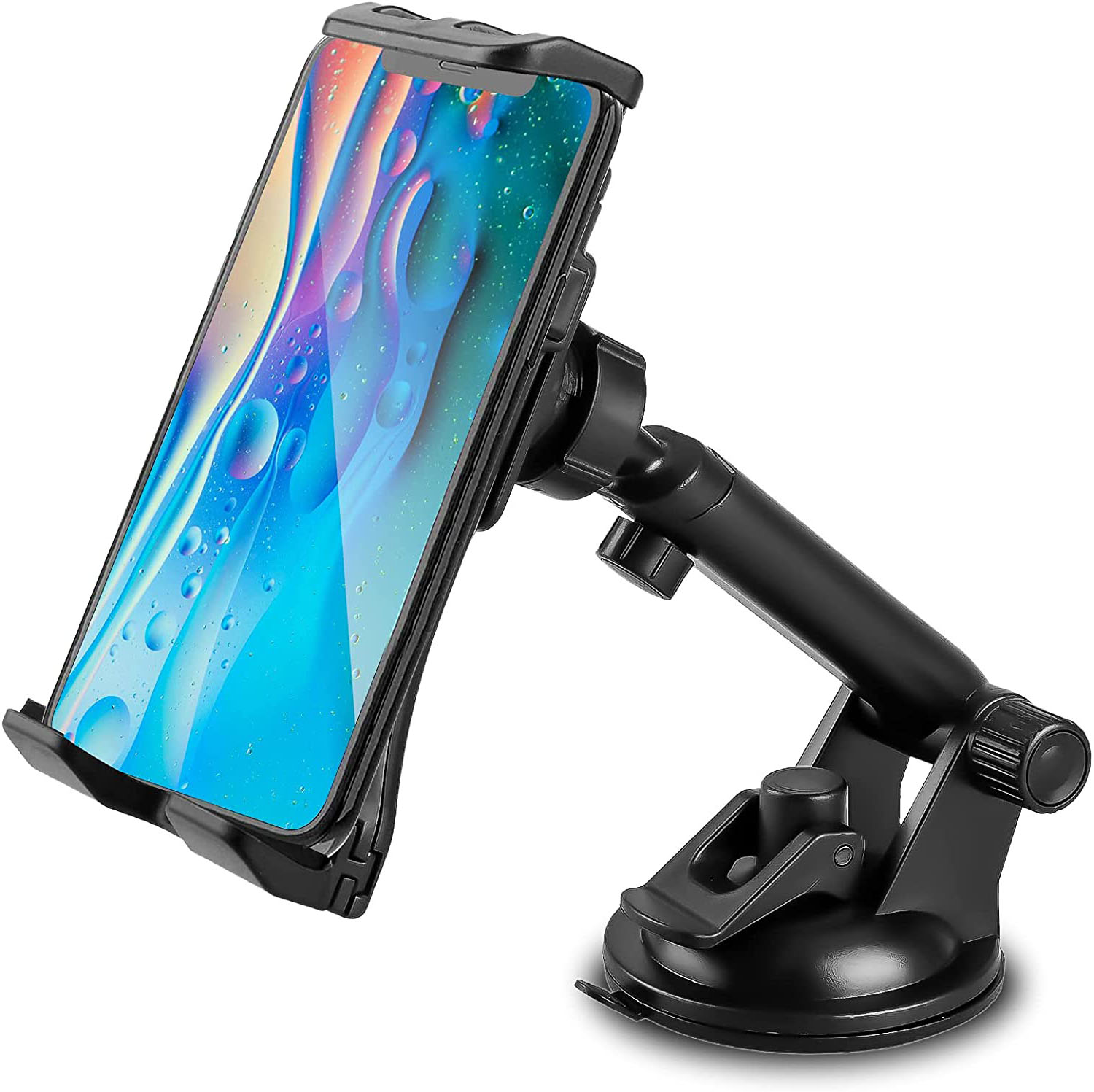 Schwarzer Autotelefonhalter mit Telefon. Das Telefon hat ein blaues und weißes abstraktes Design. Der Halter ist an einer Saugnapfbasis befestigt.