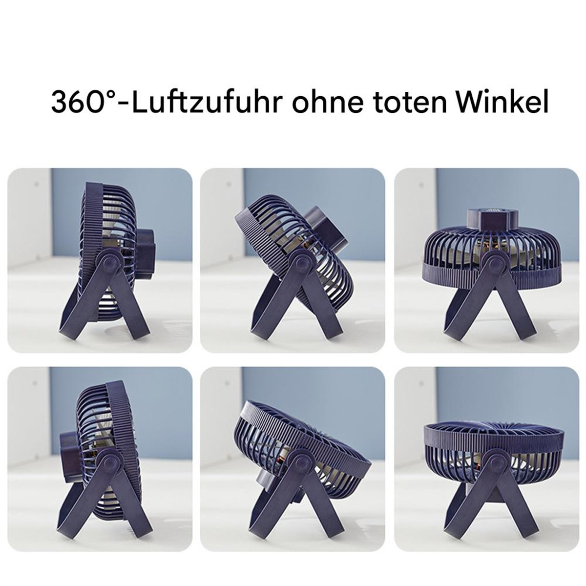 Ein dunkelblauer tragbarer Ventilator wird aus verschiedenen Blickwinkeln gezeigt. Der Ventilator hat ein kreisförmiges Gitter und einen Ständer.