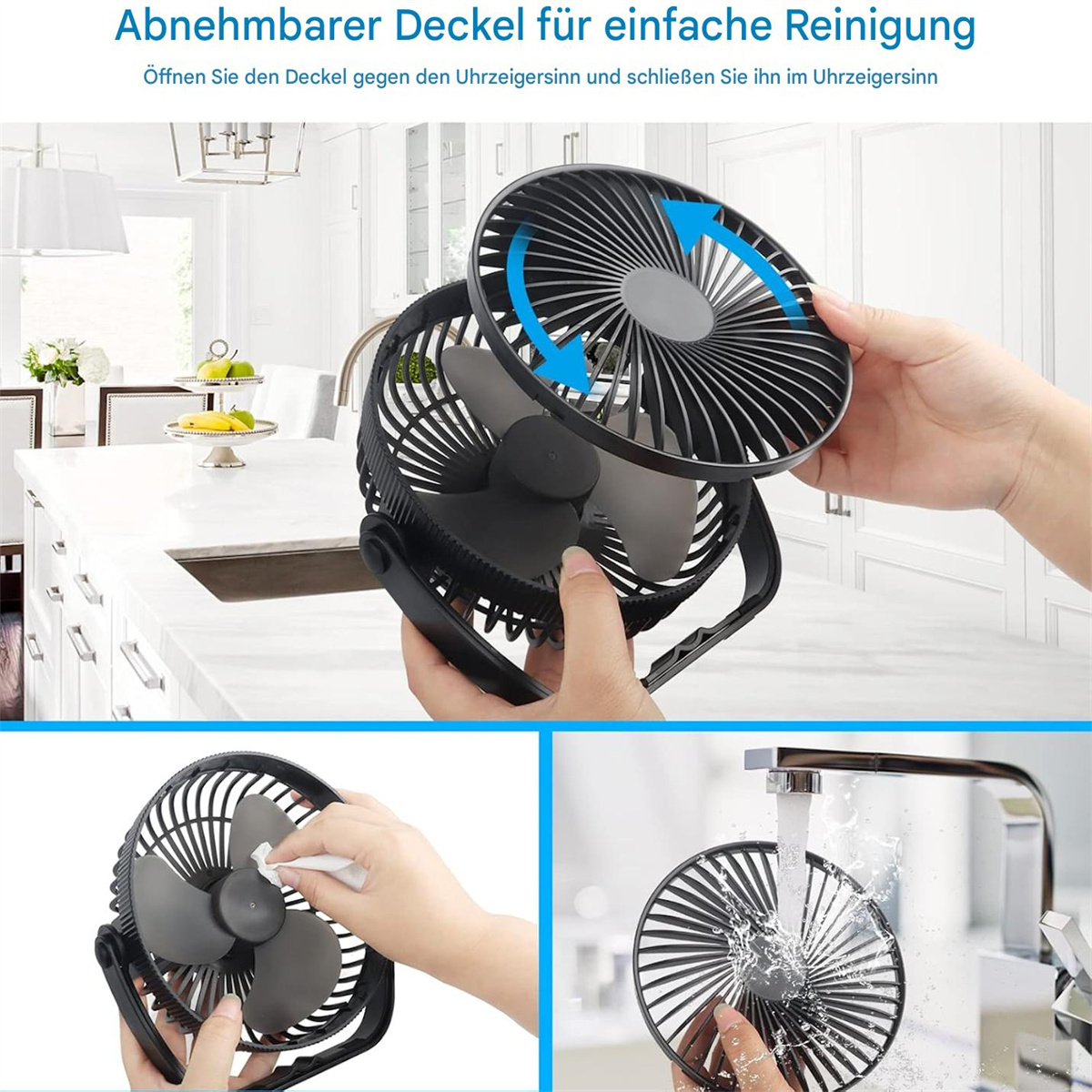 Eine Person entfernt die Lüfterabdeckung. Der Ventilator ist schwarz. Der Hintergrund zeigt eine Küche mit Arbeitsplatte und Obstständer.
